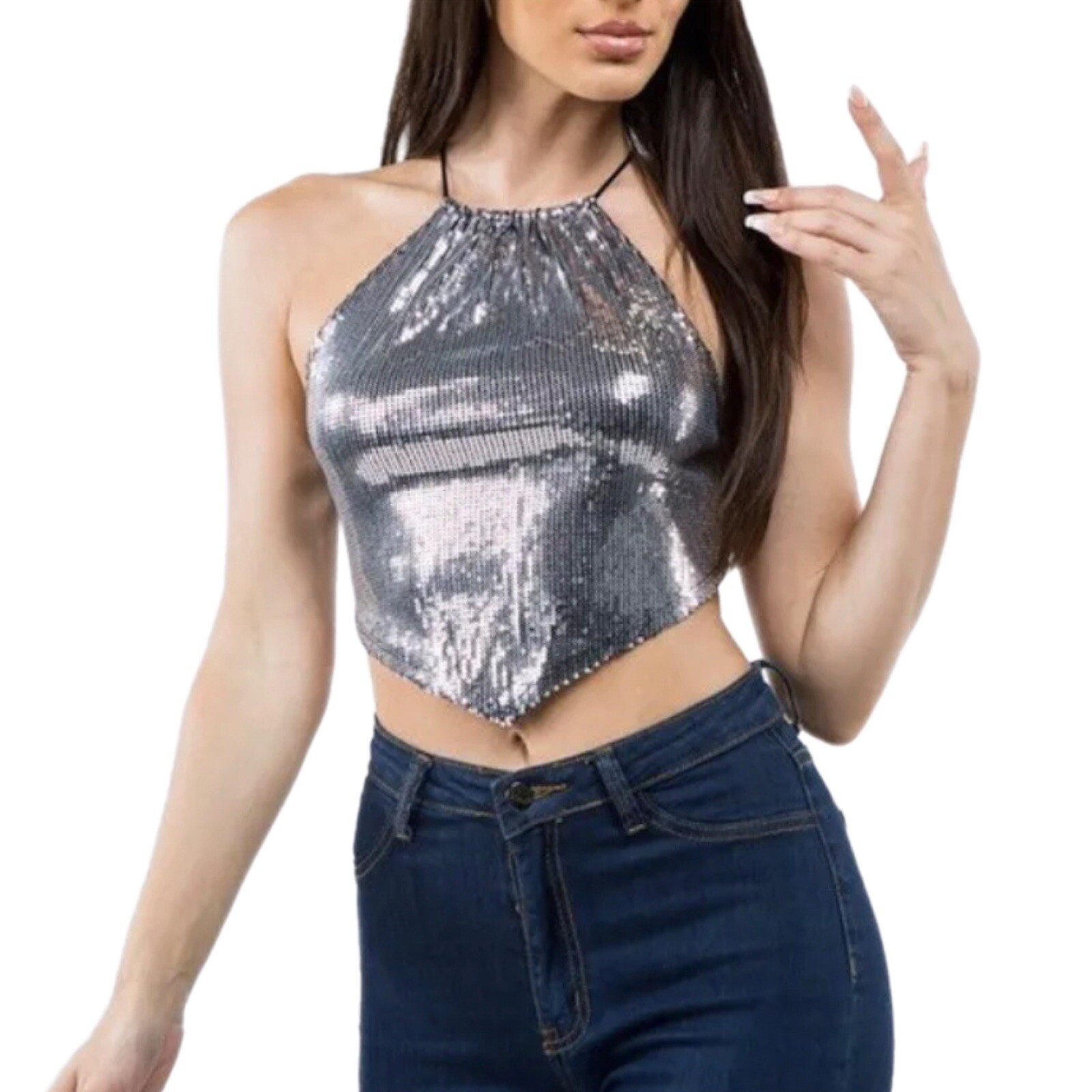 Y2K Glam silver Sequin crop top new Glam Party Clubbing Top Stretch Straps S