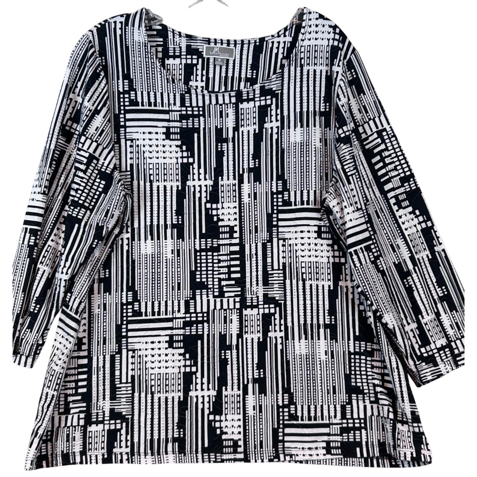 JM Collection Woman Black White Geometric Office 3/4 Sleeve Top Plus 1X Tunic