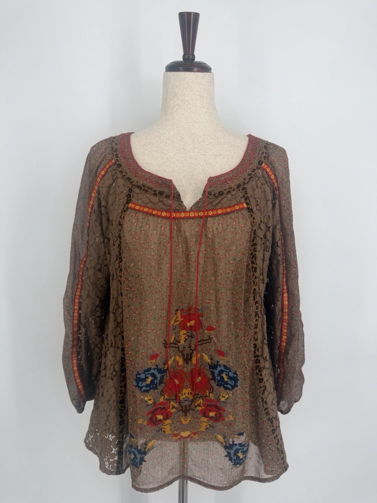 IVY JANE Cross Stitch Embroidered Patchwork Floral Lace Sheer Top Women M Brown