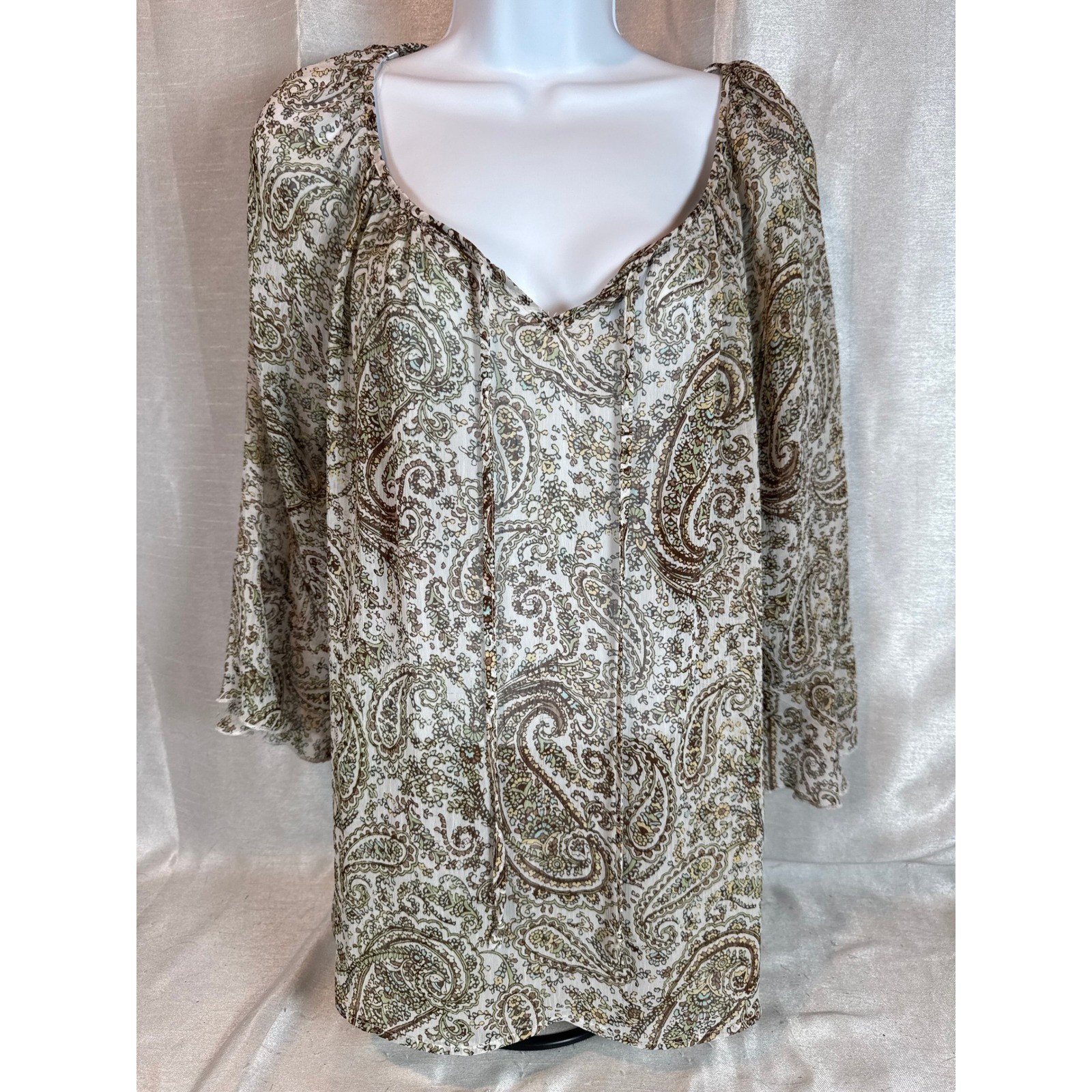 ALYX Sheer GREEN Paisley Print V Neck Bell Sleeve Boho Blouse Women’s Top XL