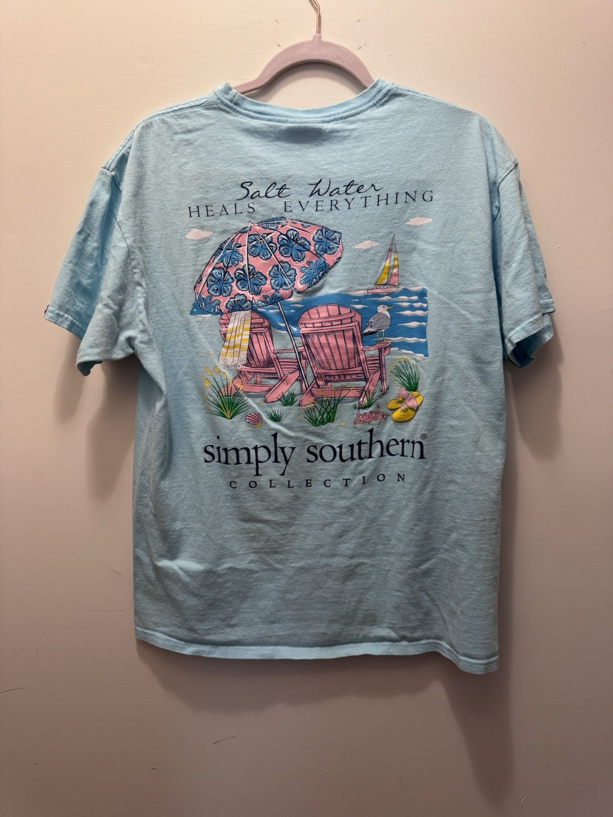 Simply Southern Women’s L Light Blue Graphic Beach Tee Crew Neck Short Sleeve