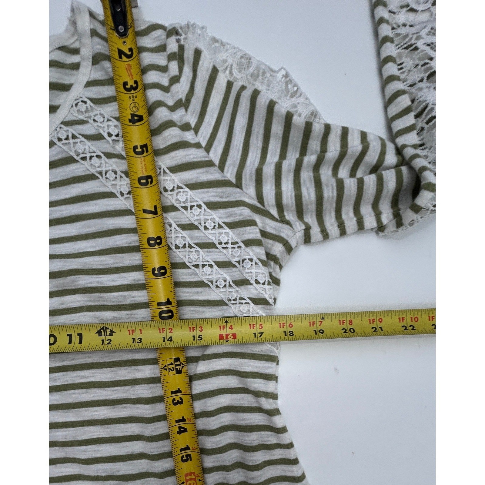 Womens Olive Green White Striped Long Sleeve Top Lace Crochet Detail Crew Neck