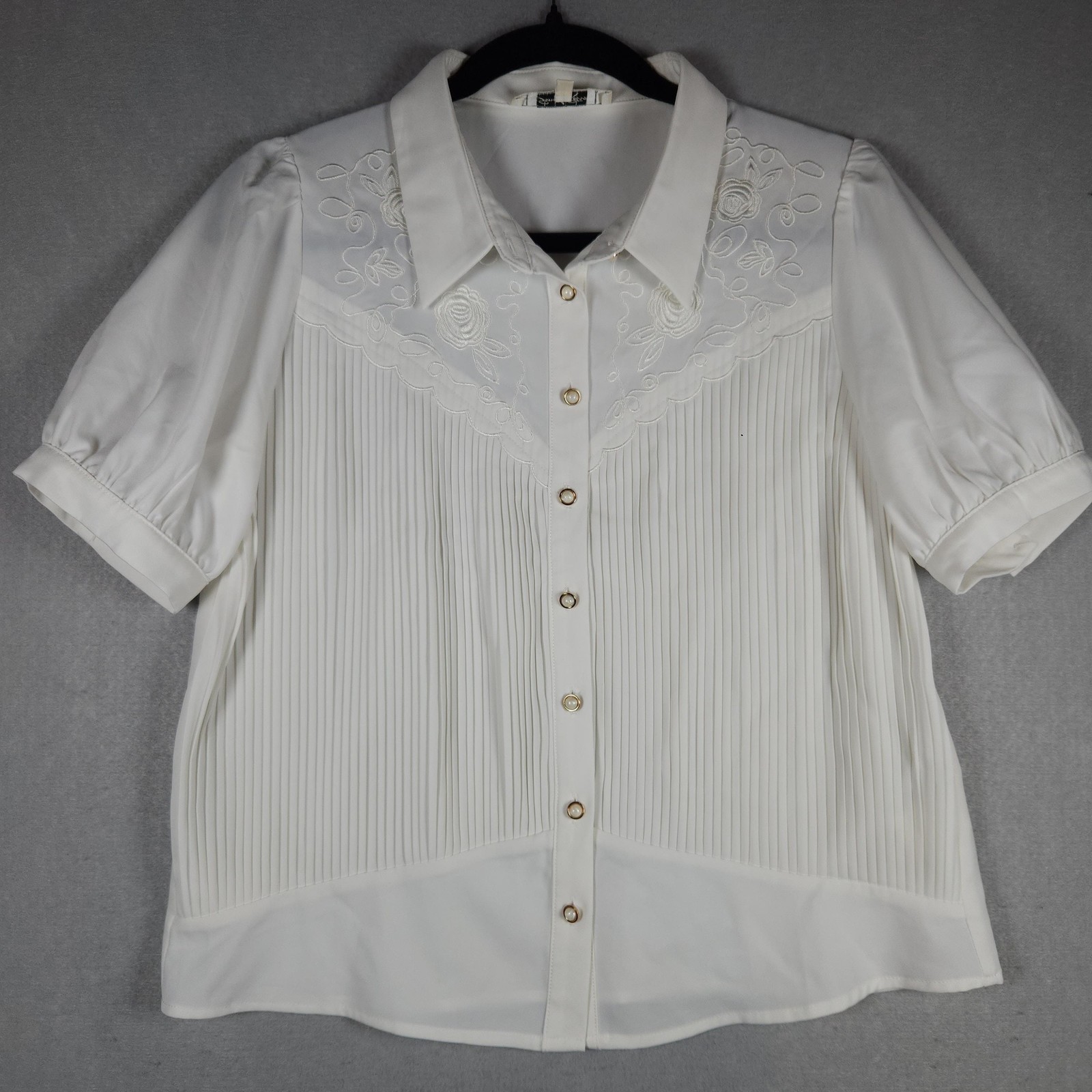 Simple Retro Shirt Womens Large White Embroidered Button Front Blouse Top 66182