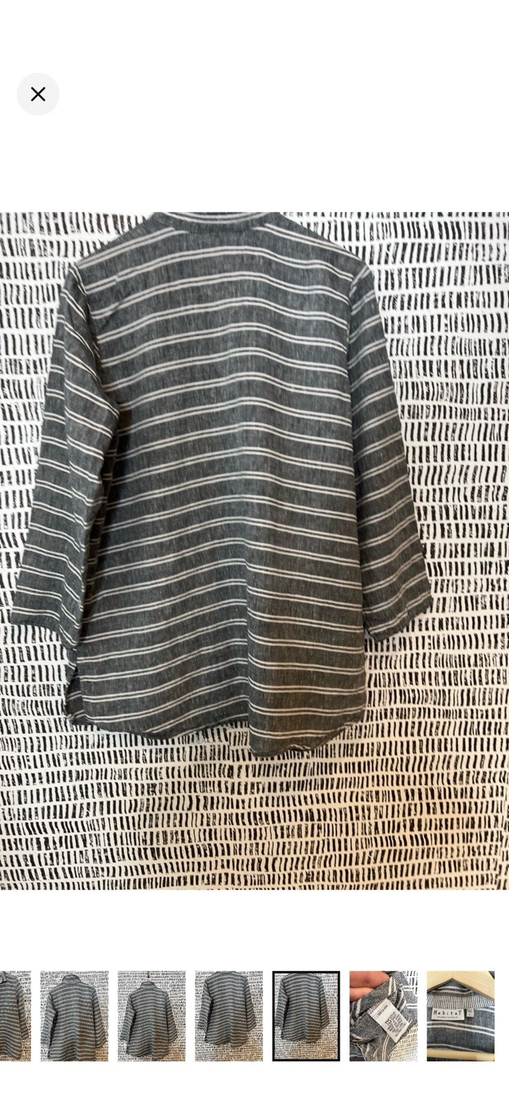 Habitat Gray White Striped Button-Up Collared 3/4 Sleeve Cotton Woven Top L
