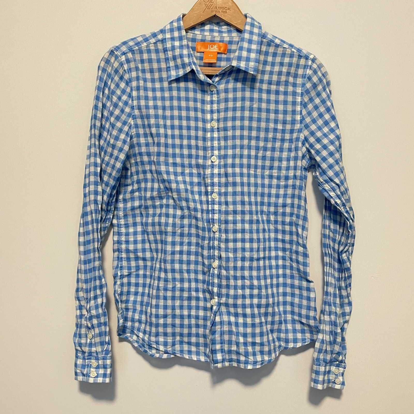 Joe Fresh Womens Small Blue Gingham Plaid Button Up Shirt Classic Preppy