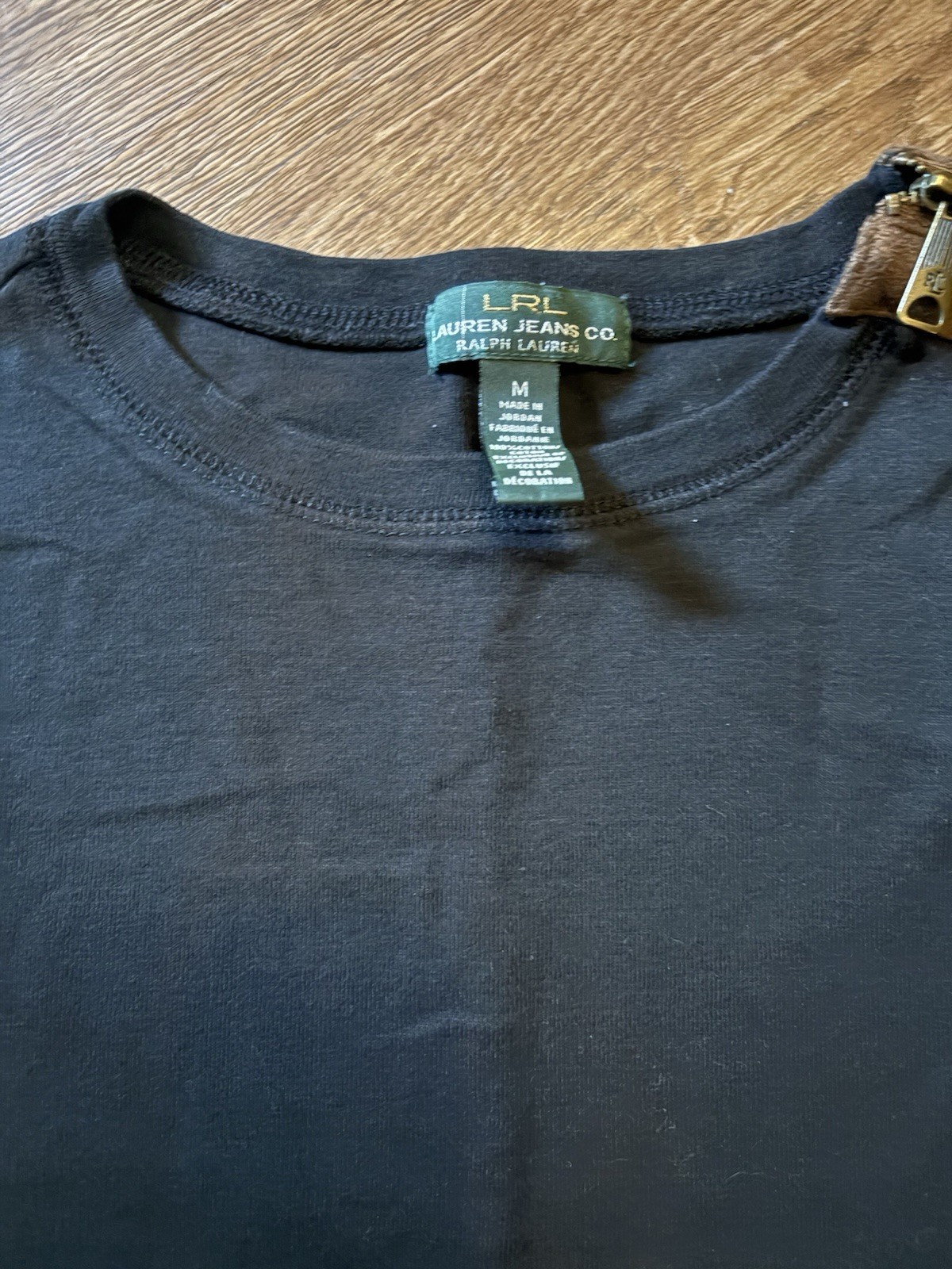 Ralph Lauren Long Sleeve Top Black With Faux Suede Patches Zipper Accent Size M