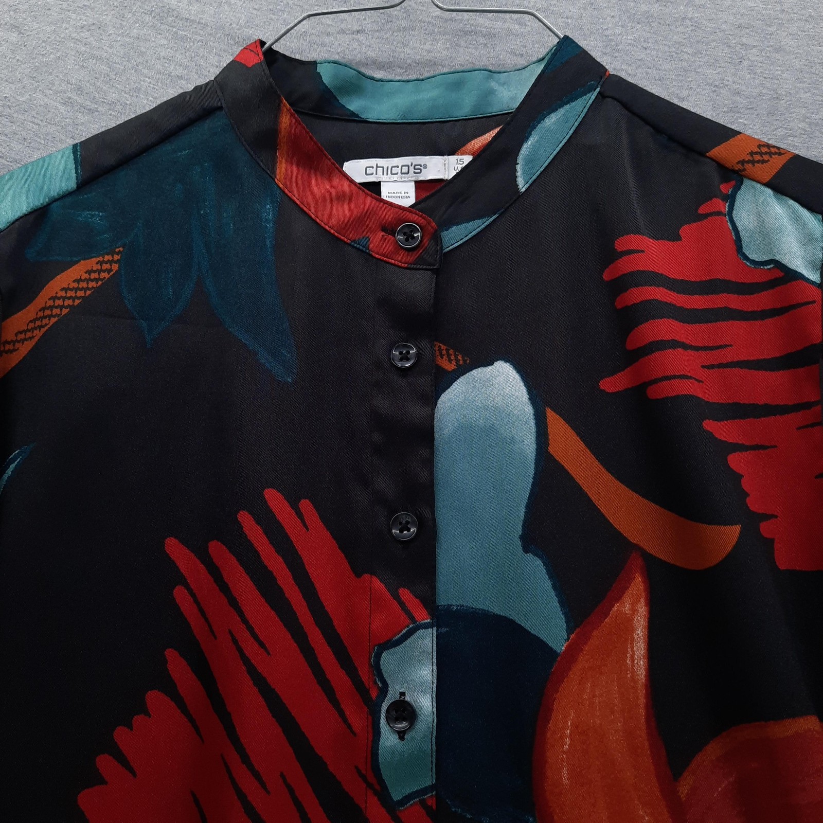 Chicos Blouse Womens 1.5 US M 10 Multicolor Floral Collared Tie Cuff Satin Top