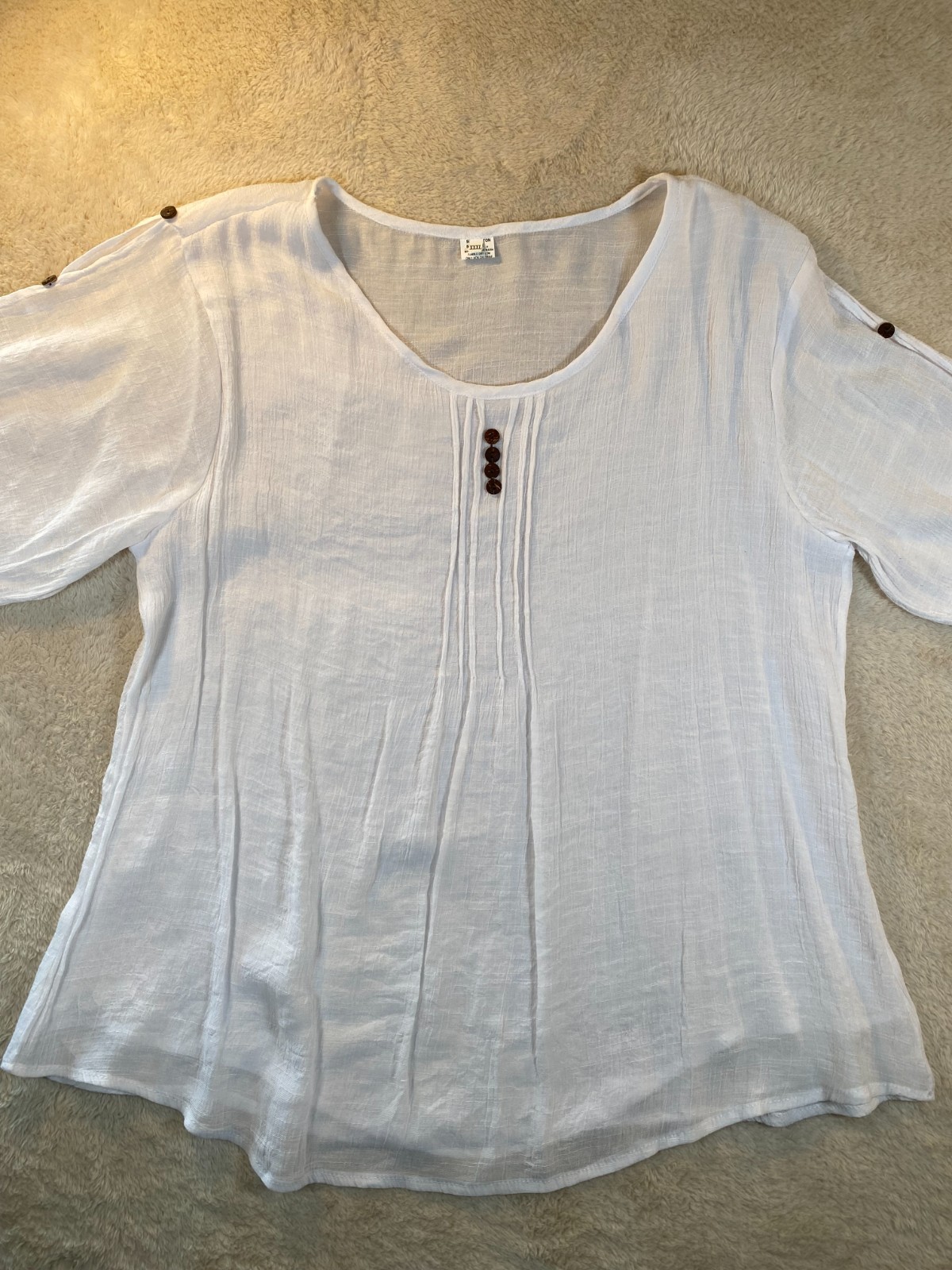 Silk and Cotton Blend Blouse Pintuck Button Accented Sleeves