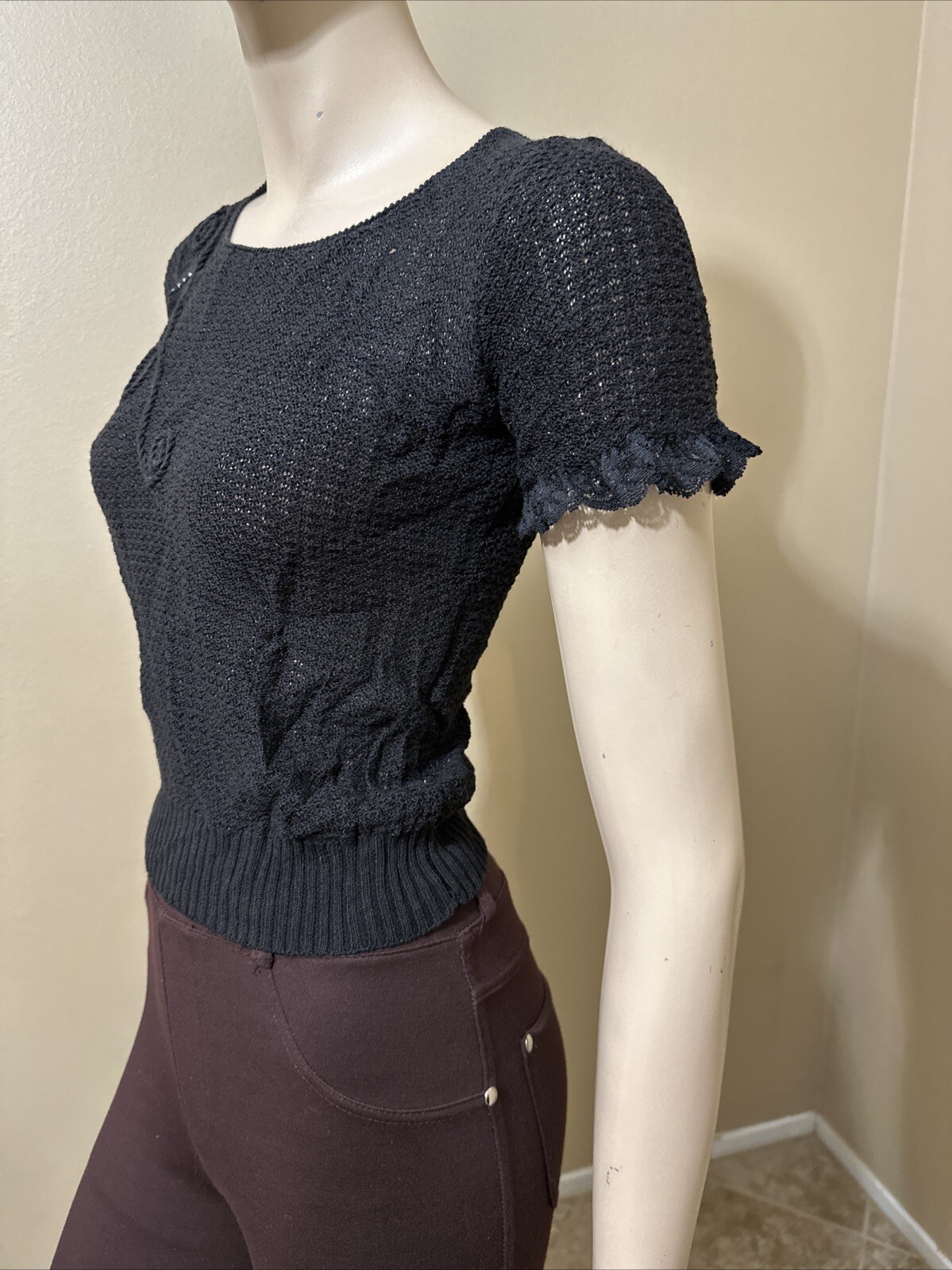 Women’s Black Cotton Crochet Casual Stretch Slim Sheer Lace Beaded One Size Top