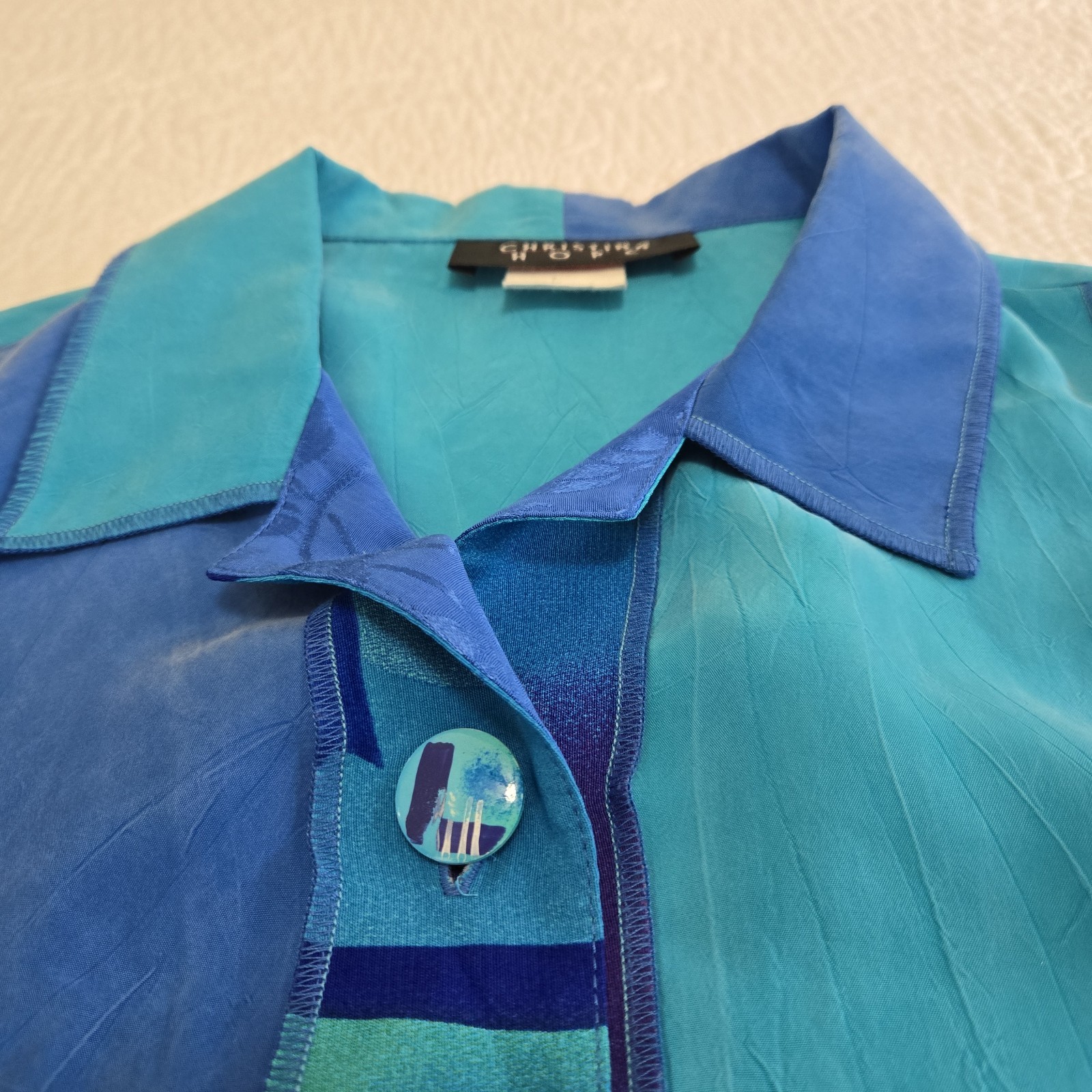 Vtg Christina Hope Mixed Media Button Up Exposed Hem Patchwork Artstly Aqua Blue