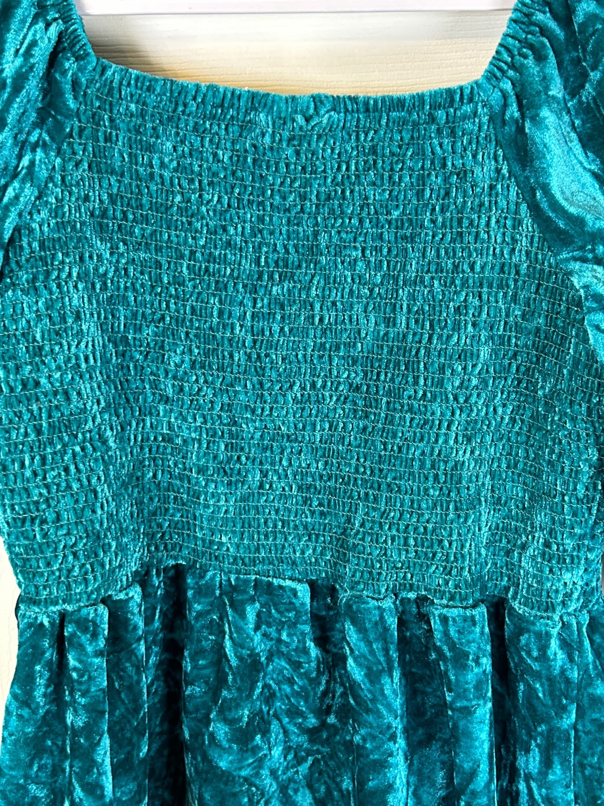Belle Du Jour Crushed Velvet Sq Neck Smock Blouse Sz L Boho Peasant Luxe Teal