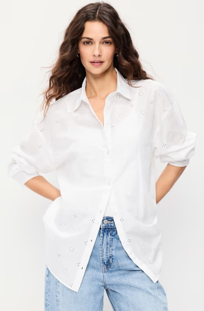 NWT Old Navy Oversized Button-Down Boyfriend Shirt, Sz L, White, Cotton Eyelet