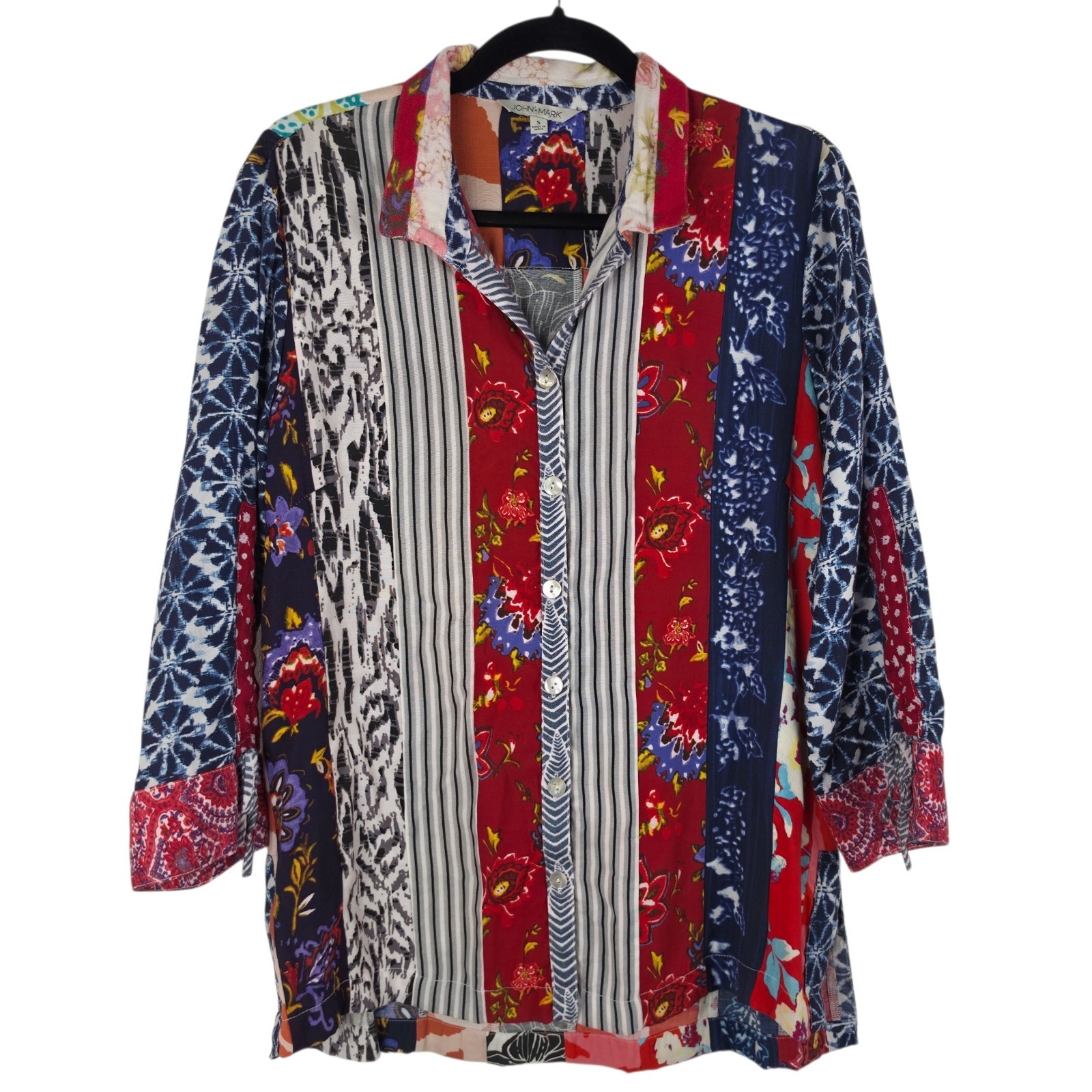 John Mark Patchwork Print Button Front Tunic Blouse Women’s S Boho Artsy Shirt