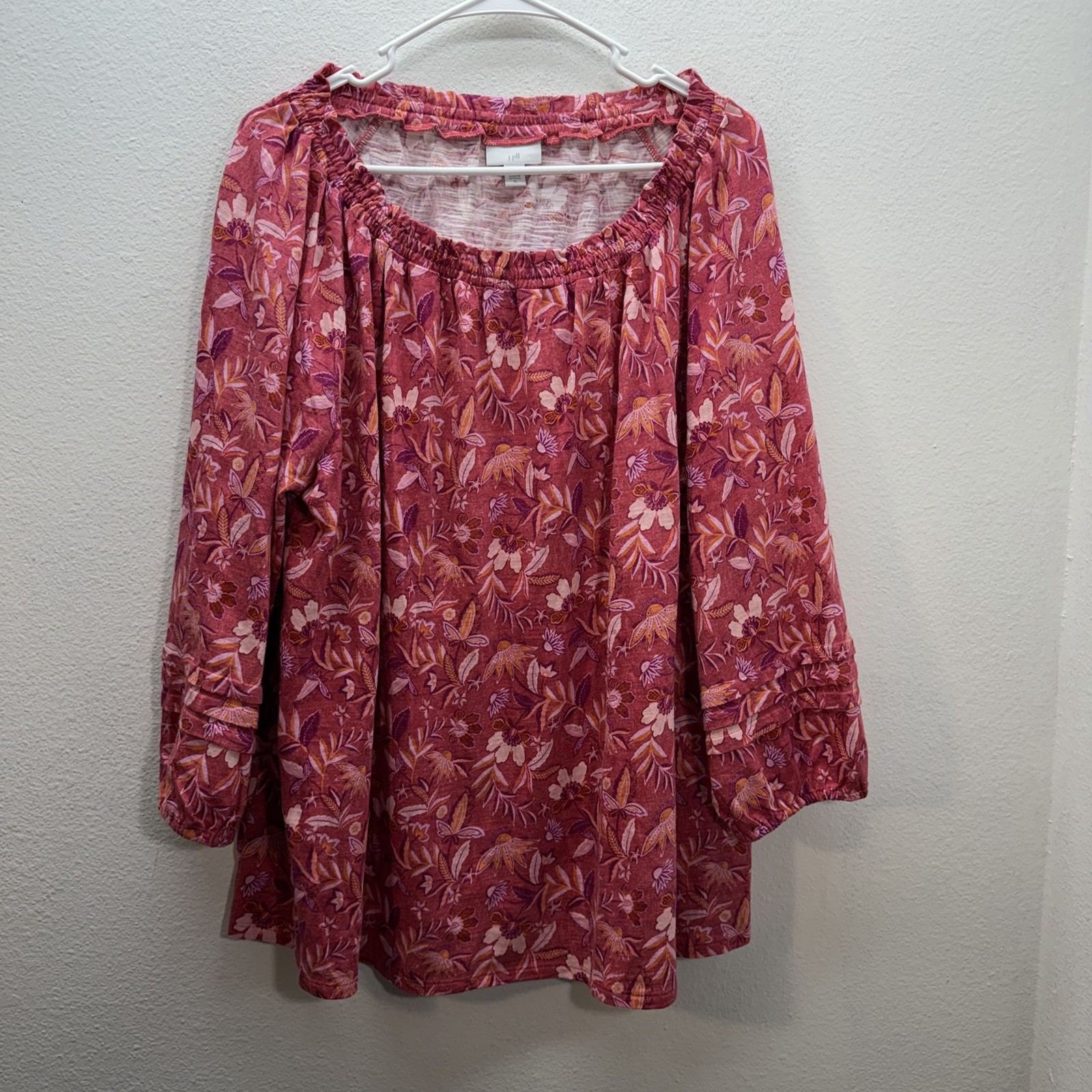 J.Jill XL Floral Top Scoop Neck Red Cotton Modal Pullover Pleated Long Sleeves