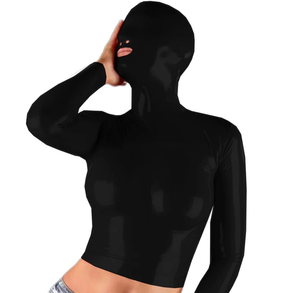 Masked Hooded Crop Tops Sexy Faux Latex Long Sleeve Tee Shirt Roleplay Costumes