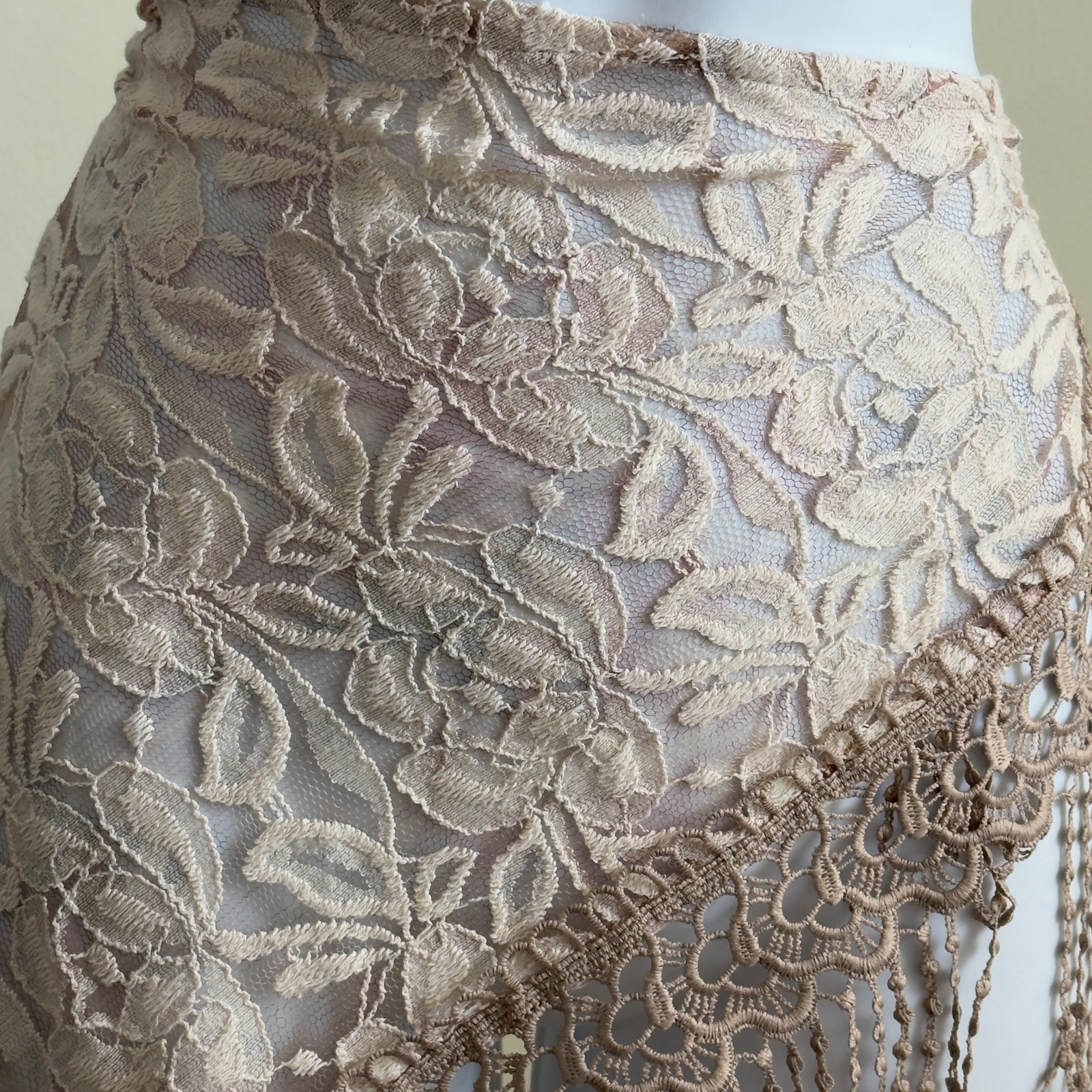Boho Swimsuit Cover Up Beige Lace Diagonal Skirt Fringe Size Small Dance