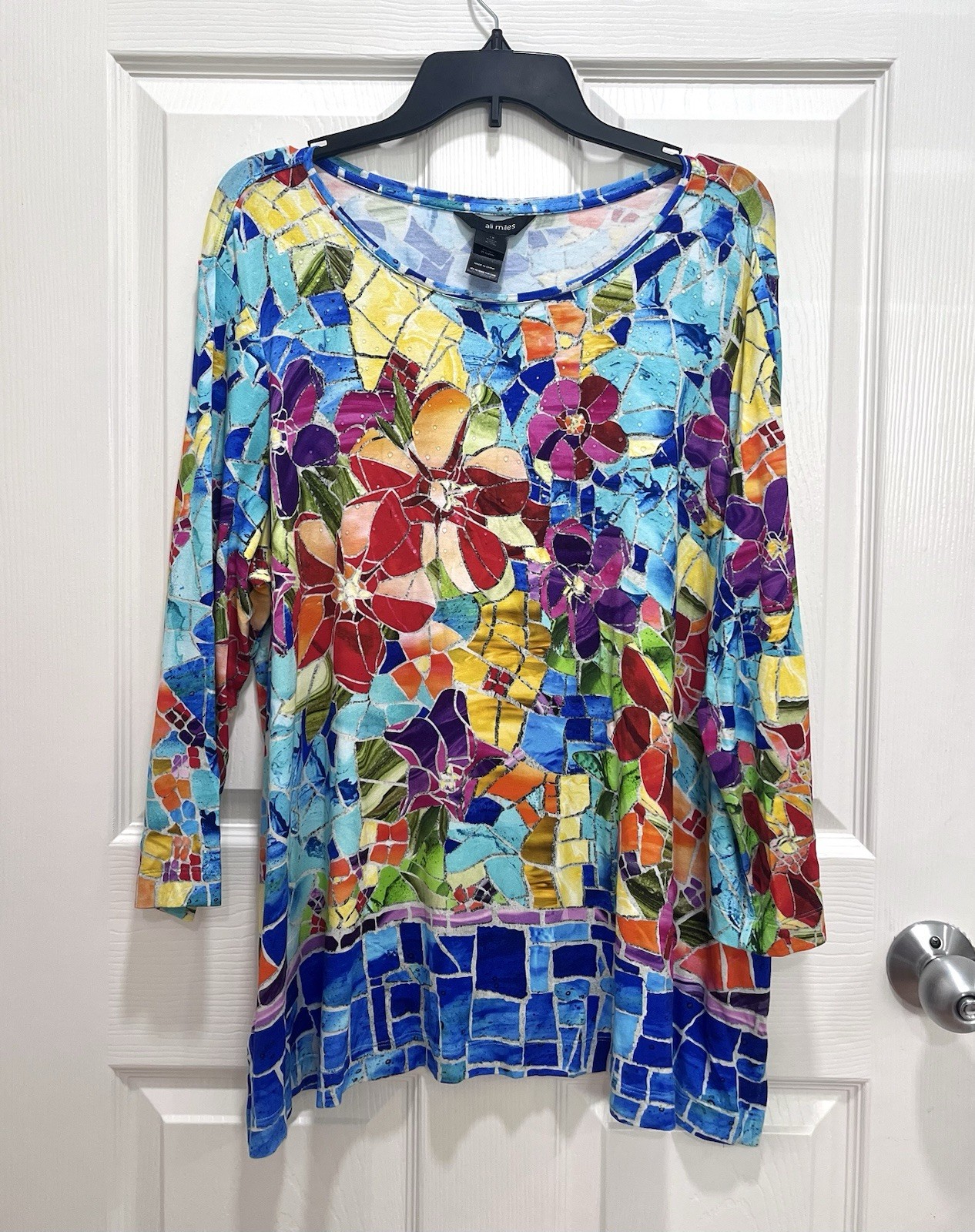 ALI MILES Top Womens 1X Multicolor Stained Glass Mosaic Bold Floral Embellished