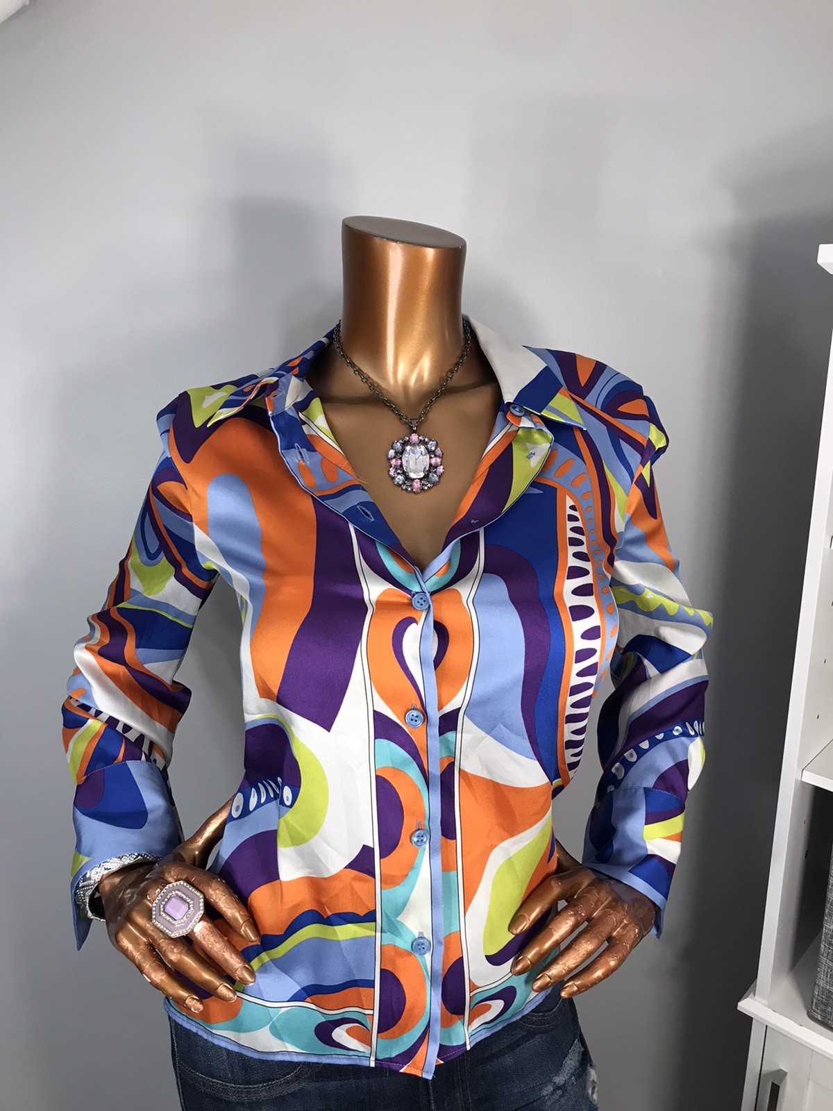 Zara S Top Soft Silky Satin Button Up Shirt Blouse Soft Satin Silky Geometric