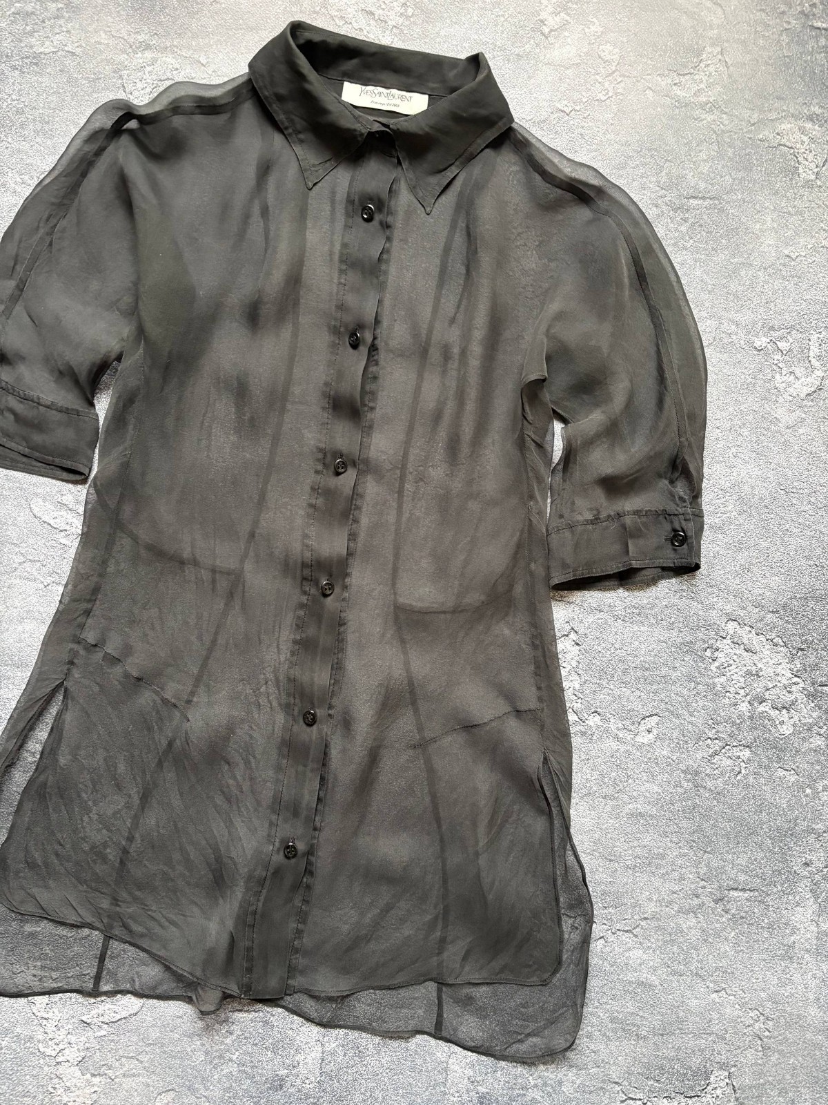 SS2009 Yves Saint Laurent Luxury Sheer Silk Grey Blouse Womens Size M