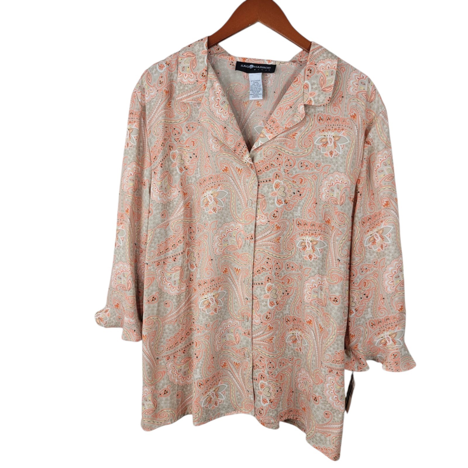 NEW Sag Harbor Plus Size 20W 2X Button Up Top Blouse Pink Professional Paisley