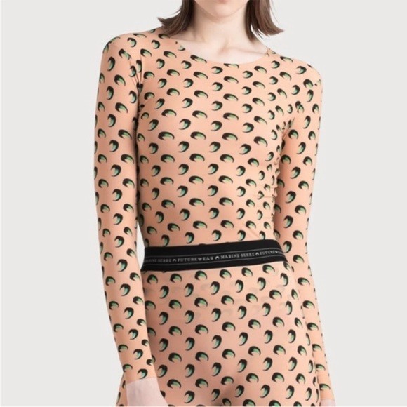 MARINE SERRE White Line Second Skin Stretch Tan Moon Print Long Sleeve Top M = 8