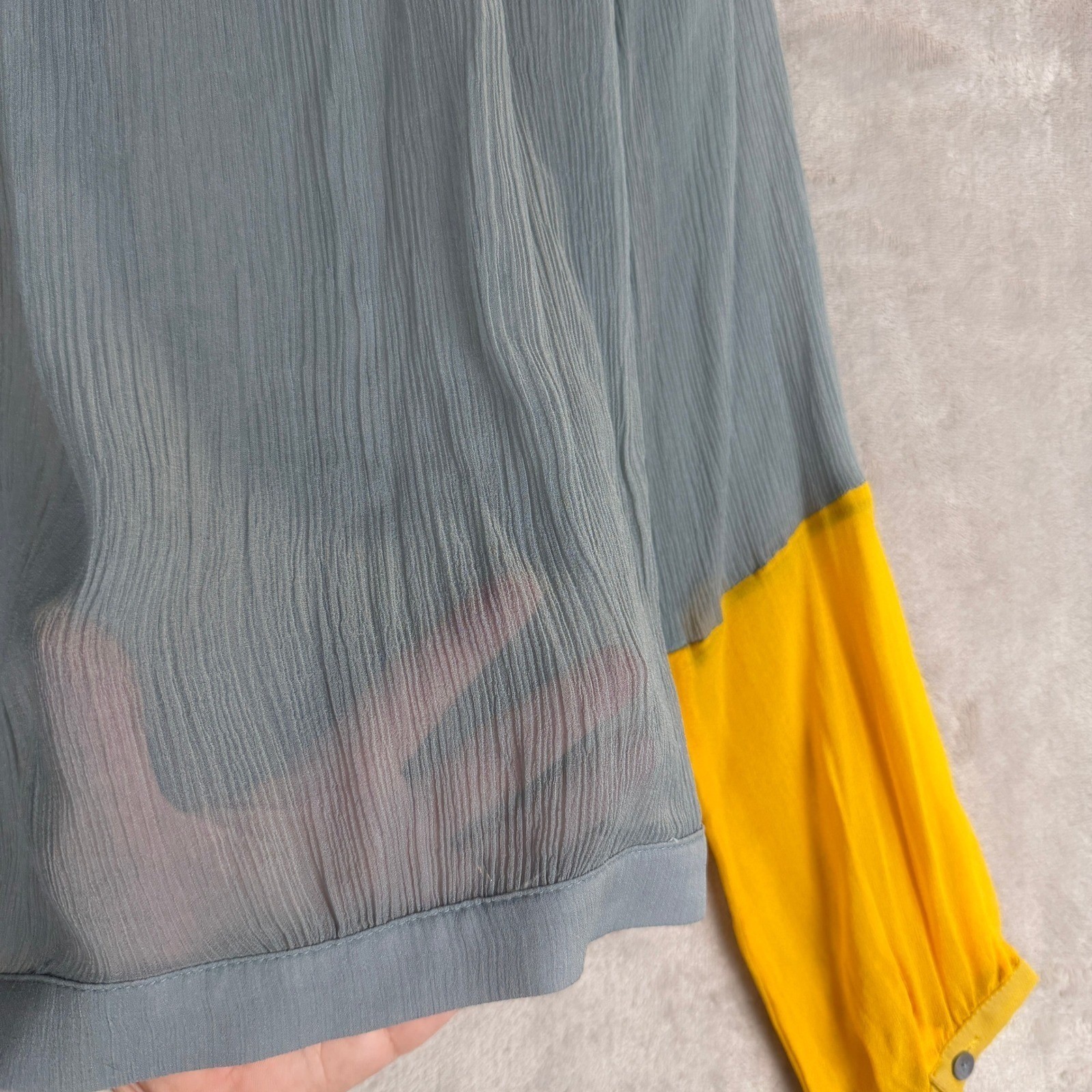 Silk Tie Neck Crinkle Blouse Blue Yellow Colorblock Pintuck Sheer Top AT321