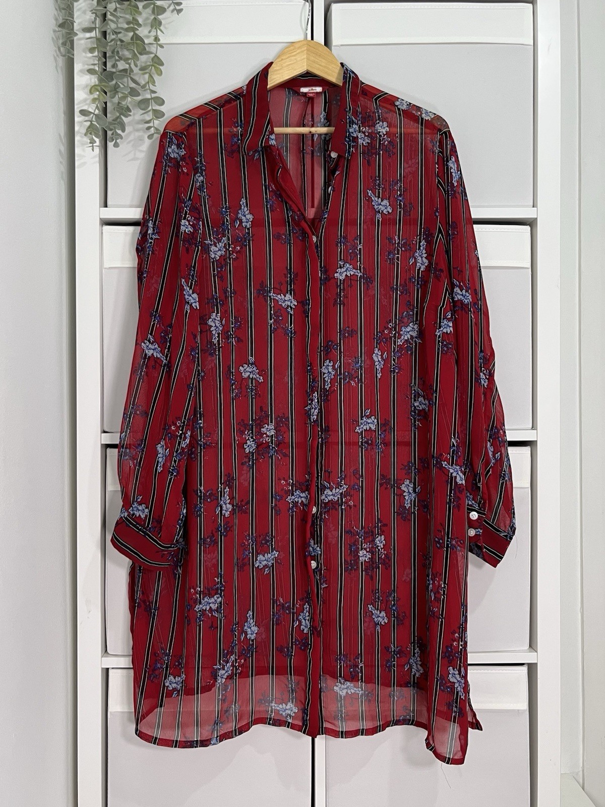 Joe Browns Ladies Long Tunic Blouse Shirt Top Size 22 Red Floral Stripe Sheer