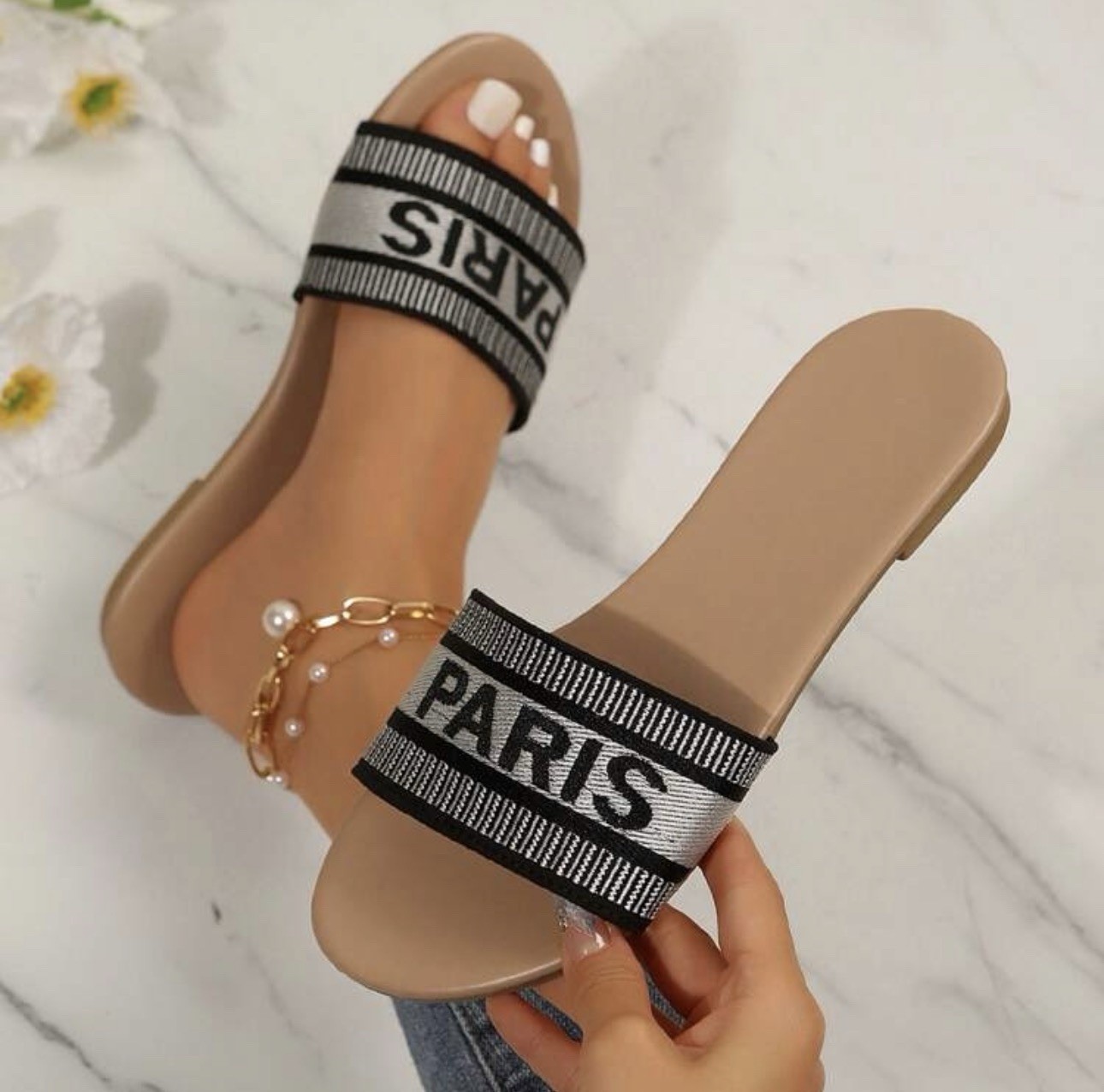 Women’s Beige PARIS Slide Sandals Open Toe Flat Slip On Casual Summer Shoes