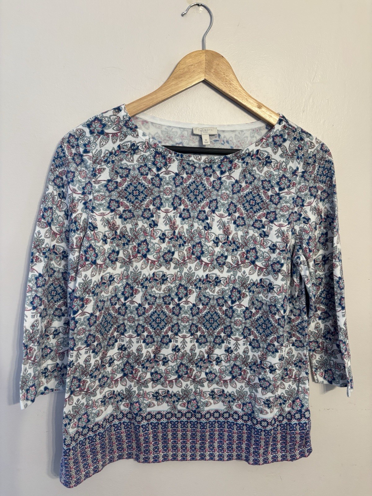 Talbots Women’s Blue Pink White Boat Neck 3/4 Sleeve Floral Cotton Knit Top M