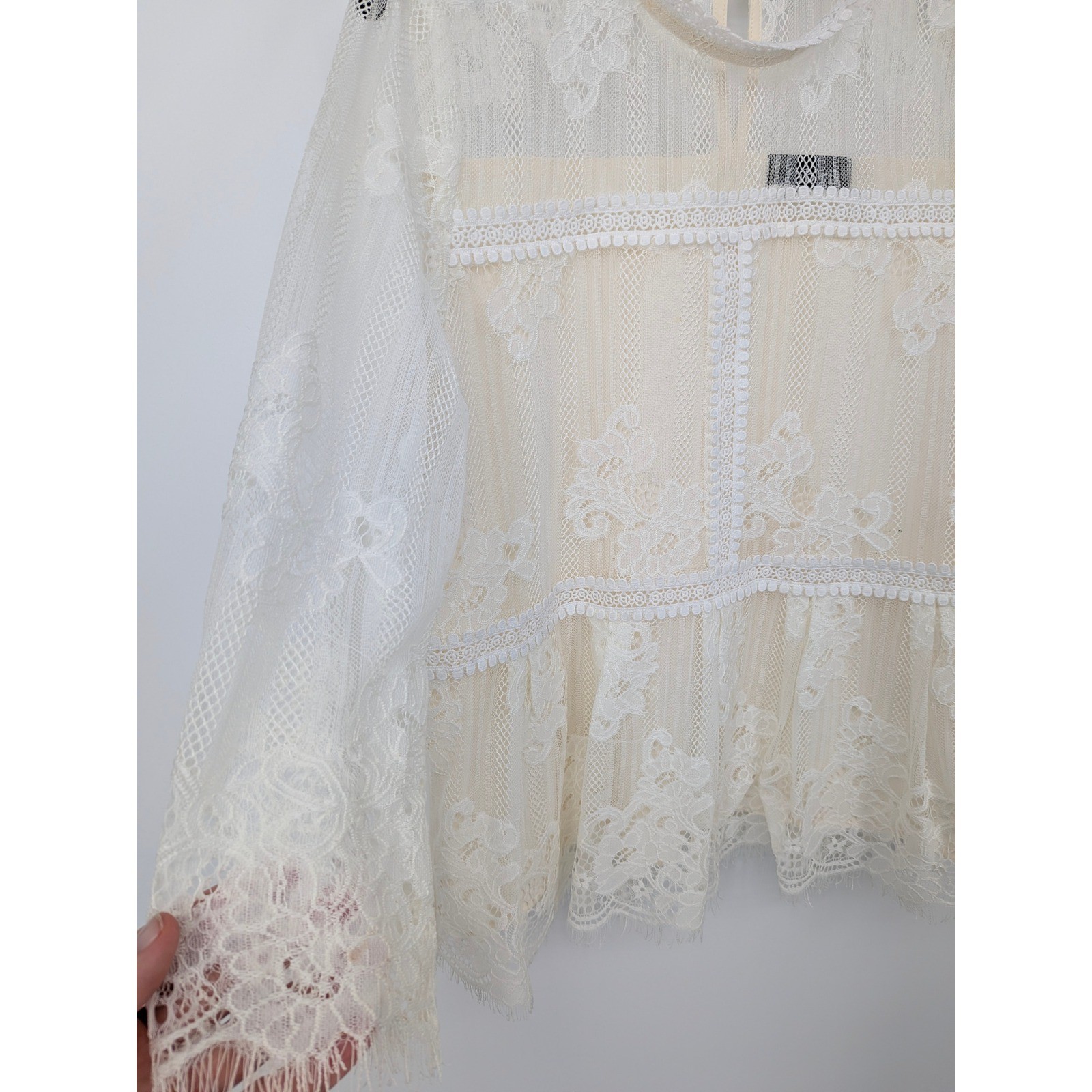Lace Boho Blouse Womens Medium Cream Floral Sheer Top Coquette Cottagecore Bride