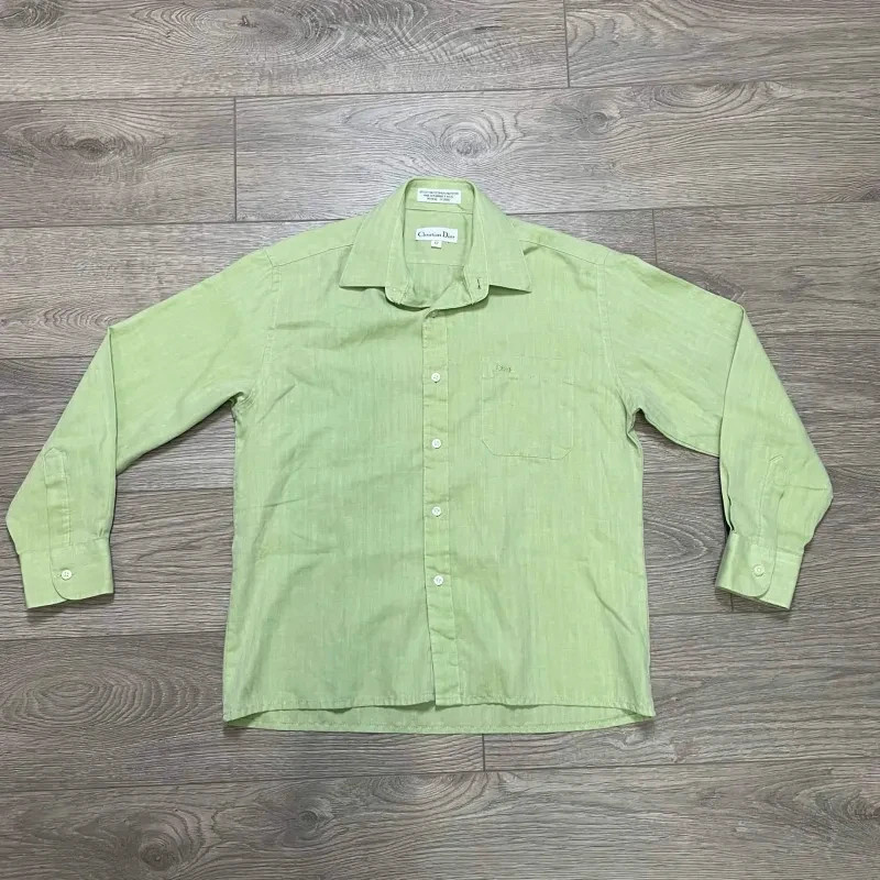 Vintage Christian Dior Monsieur Green Herringbone Shirt Size 12 Made in Macau