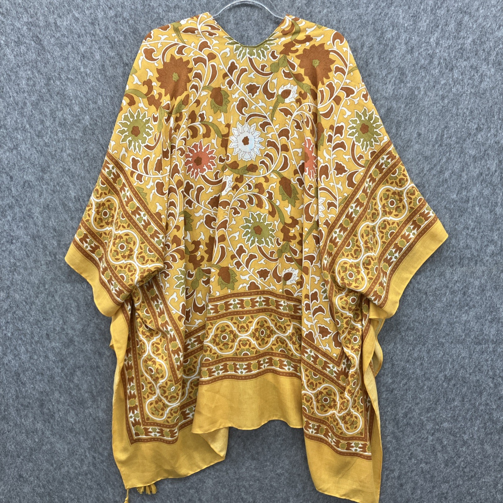 Paisley Floral Woven Kimono Topper Womens One Size Mustard Gold Green Tassels