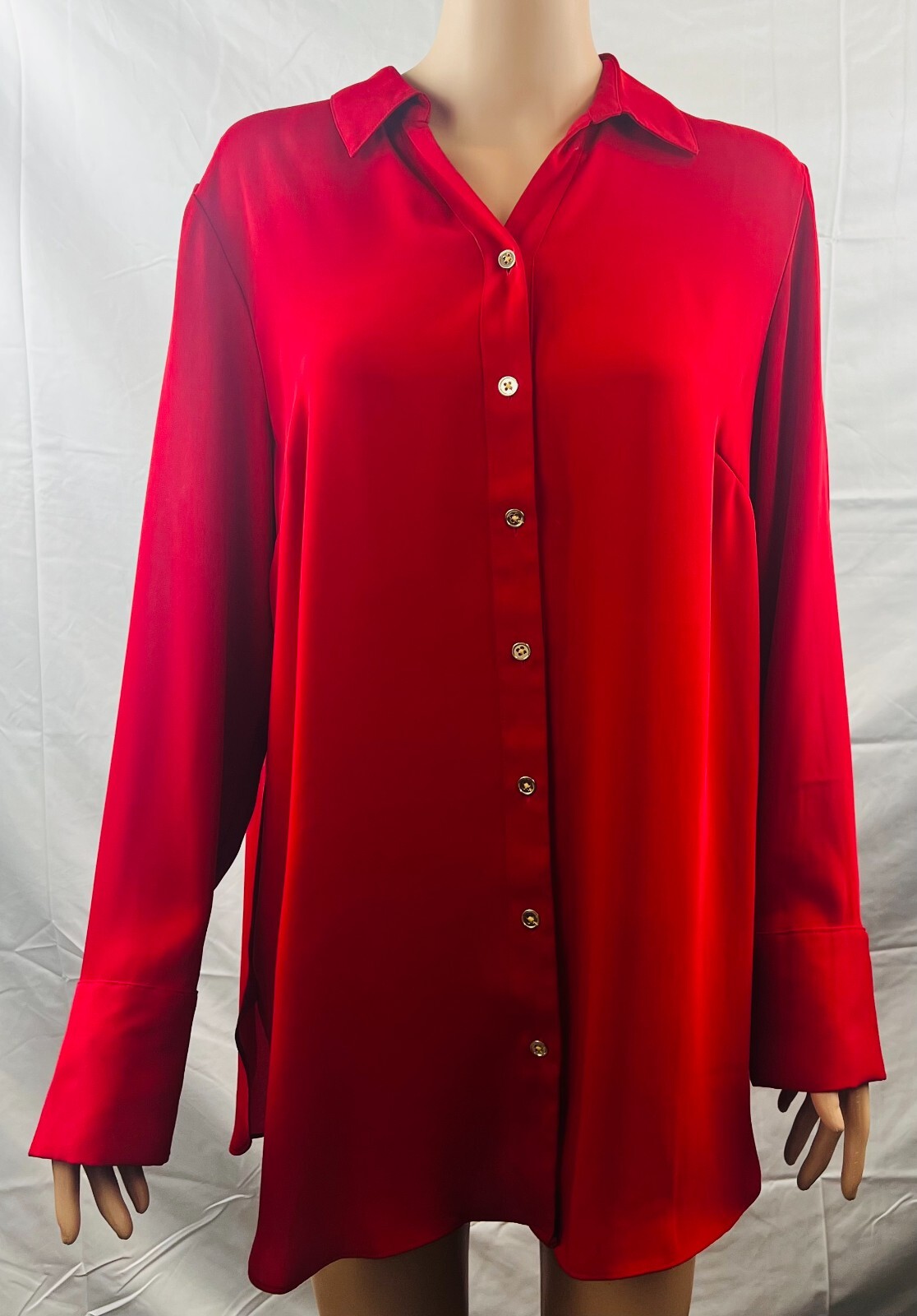 Chico’s Size 2 Old Money Tunic Red Pleated Back Long Sleeve Gold Tone Buttons