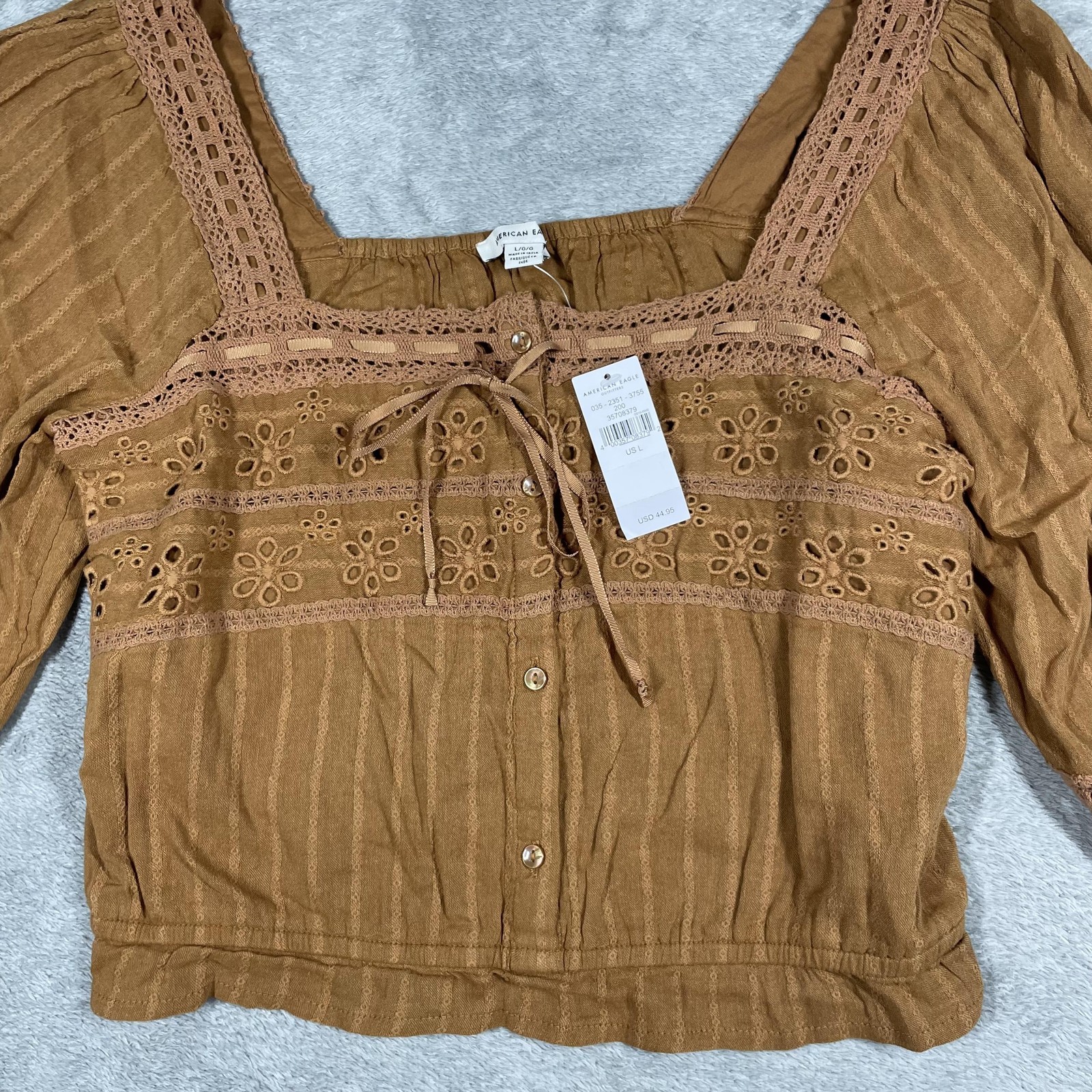 American Eagle Shirt Womens Large Brown Boho Peasant Lace Eyelet Top Blouse