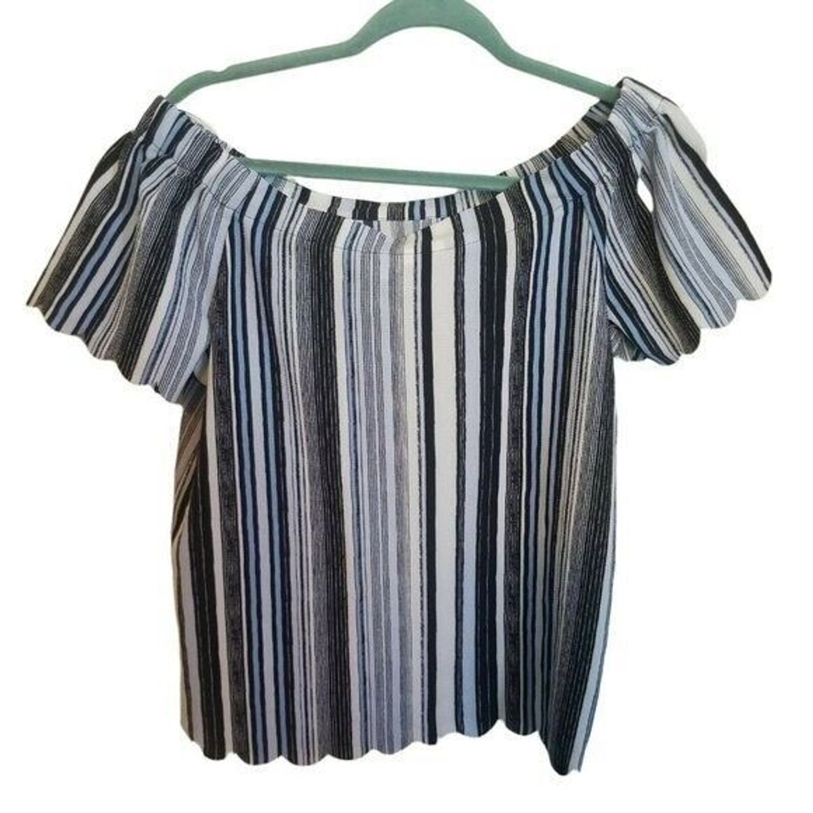 ELLE Womens Sz XS Blue White Striped Off The Shoulder Scalloped Hem Blouse