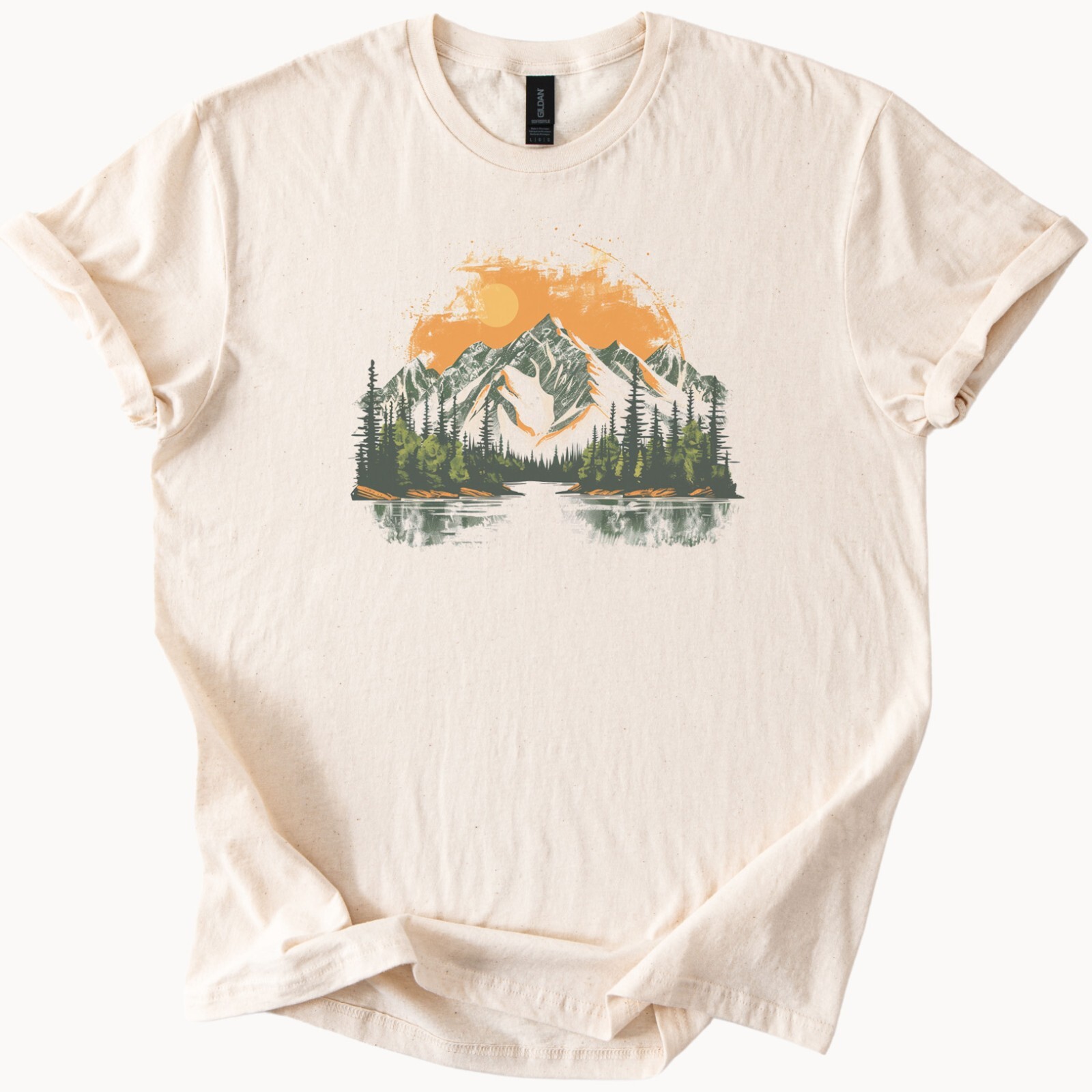Sunset Mountain Lake Graphic Tee Outdoor Hiking Nature Scene Shirt