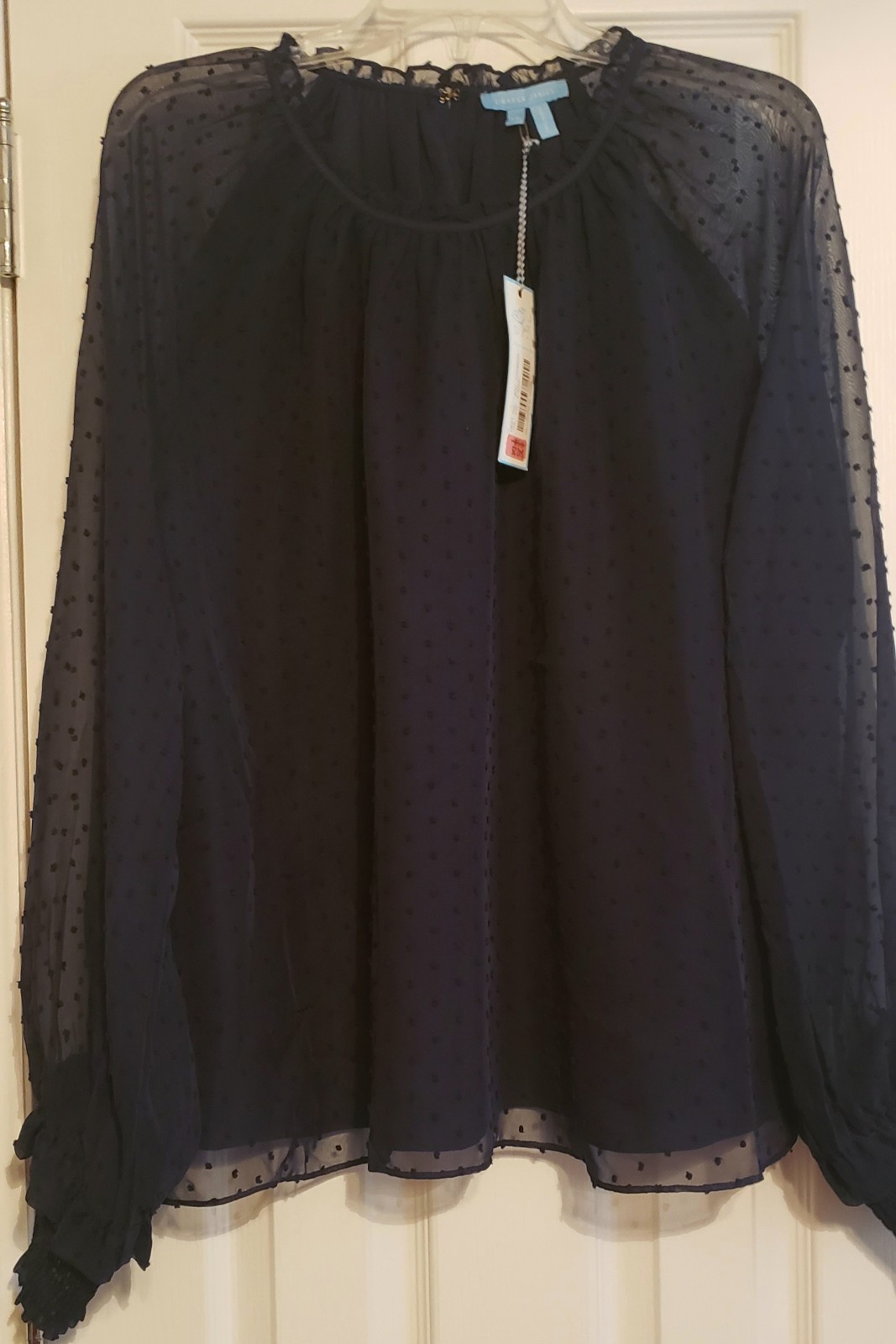 Draper James NWT $115 Navy Swiss Dot Lined Long Sleeve Blouse – Size XL