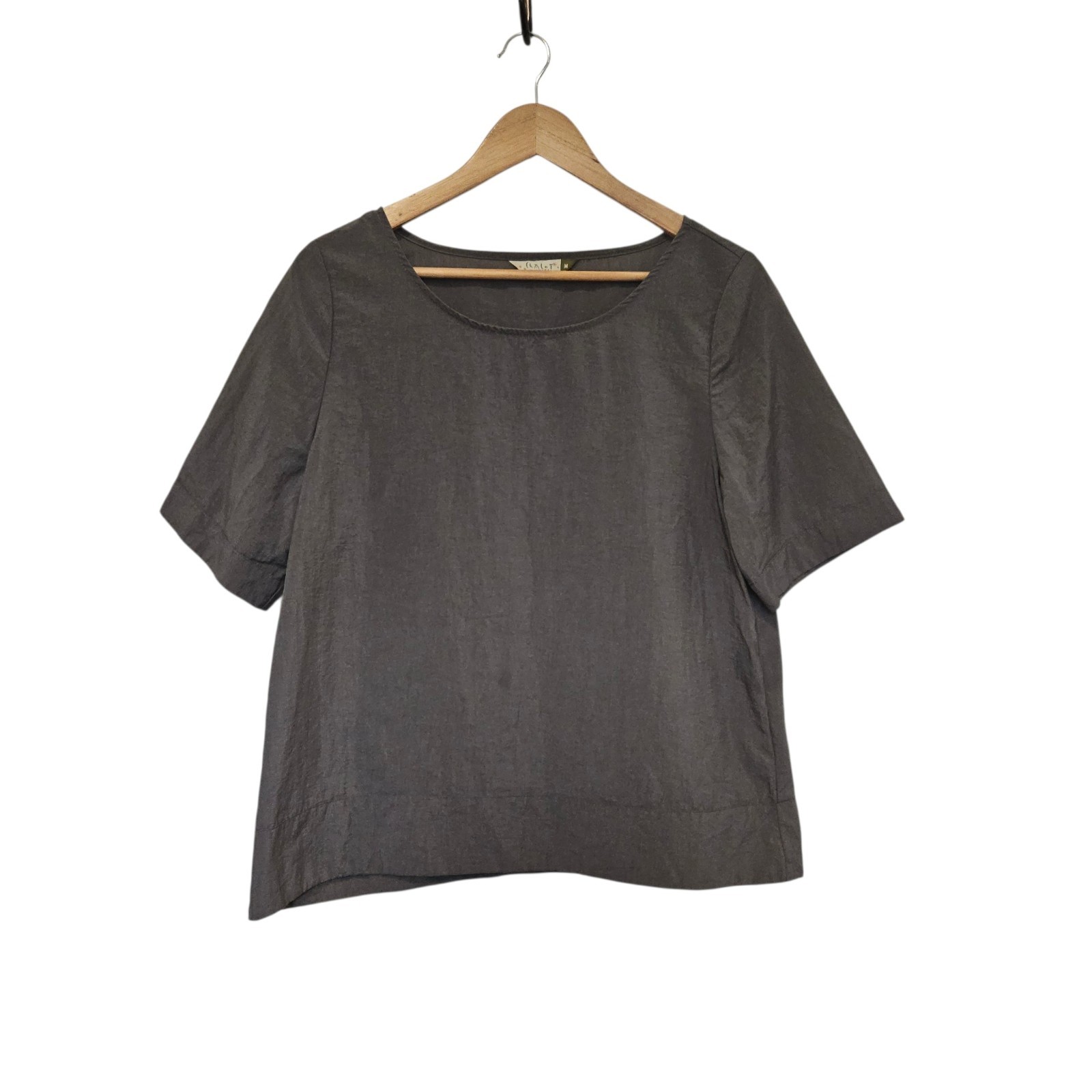 Chalet et Ceci Gray Boxy Blouse Women’s Medium Made USA Lagenlook 100% Nylon Top
