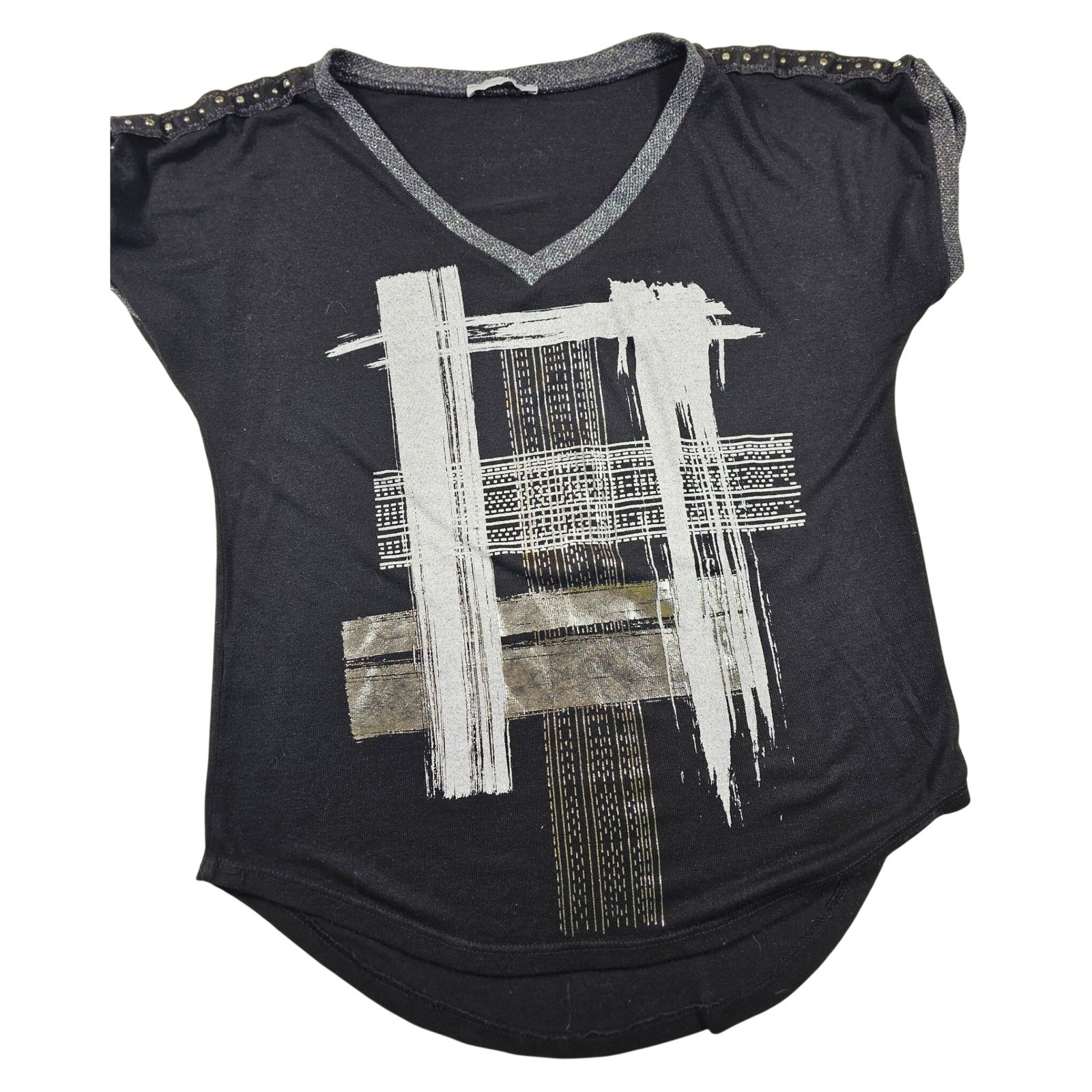 Made in Italy Black Abstract Graphic V-Neck Top Silver Metallic Trim Studded L