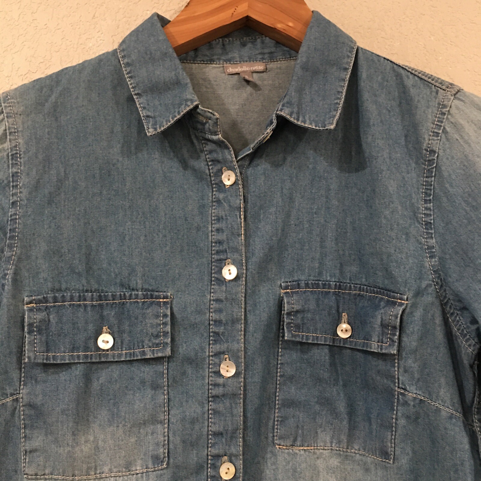 Charlotte Russe Women S Shirt Blue Denim Button Long Sleeve 100% Cotton Western