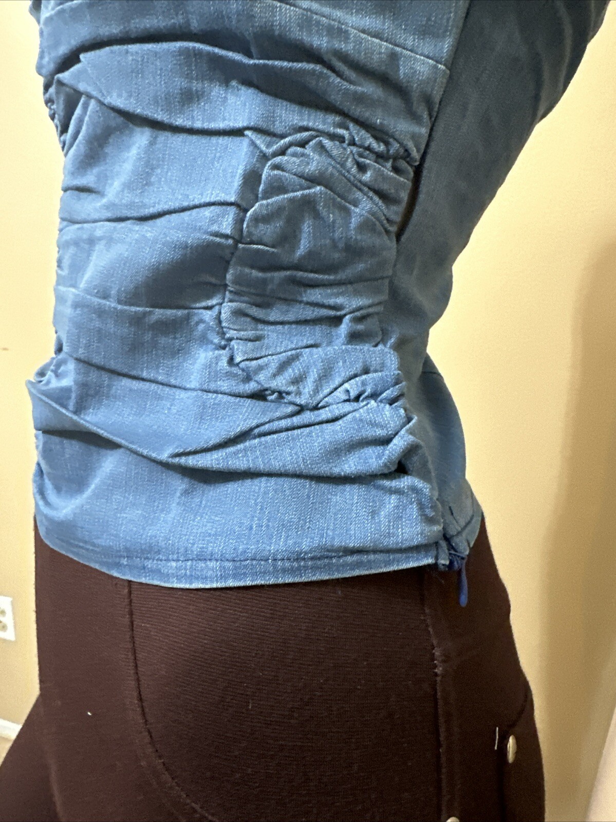 Women’s Blue Cotton Denim Casual Summer Open Stretch Slim Zipper Size L Blouse