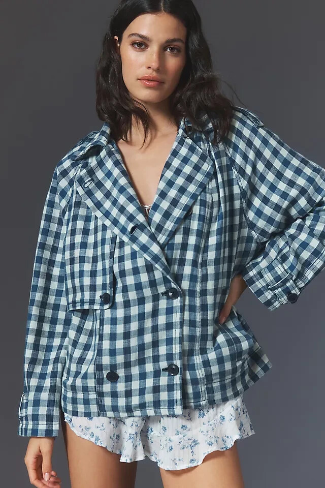 By Anthropologie Gingham Trench Coat Button Plaid Pocket Long Sleeve Jacket M