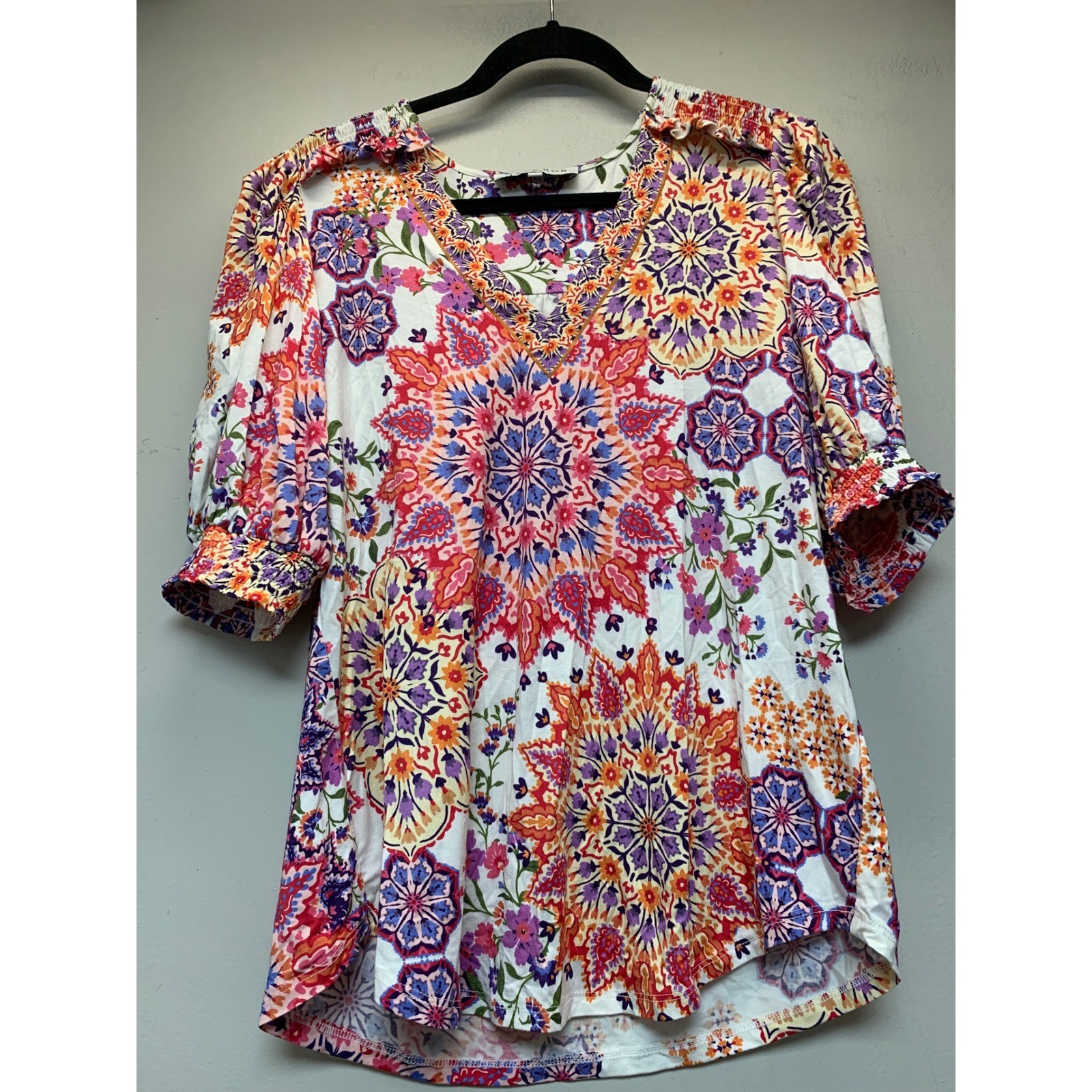 Hale Bob Mandala Floral Top Womens Large Multicolor Excellent Boho V-Neck 43EK22