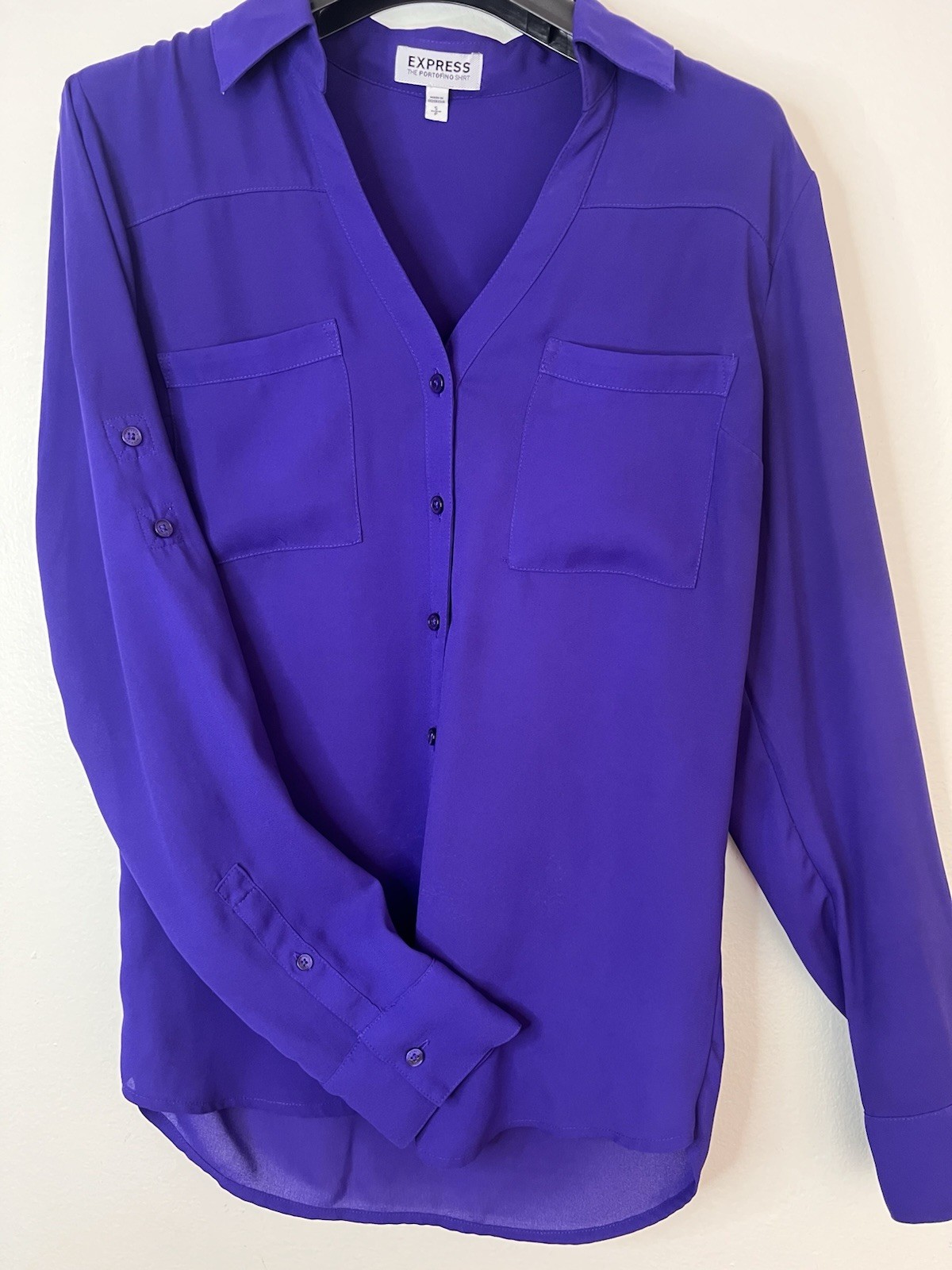Express Portofino Shirt Blouse Purple Button down Convertible Sleeve V-Neck S