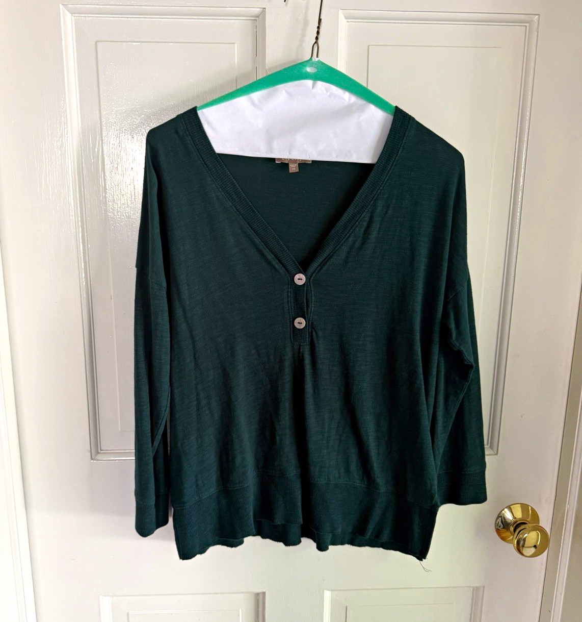 Lilla P Womens XS Forest Green Cotton Modal 3/4 Sleeve Henley Knit Top Peru