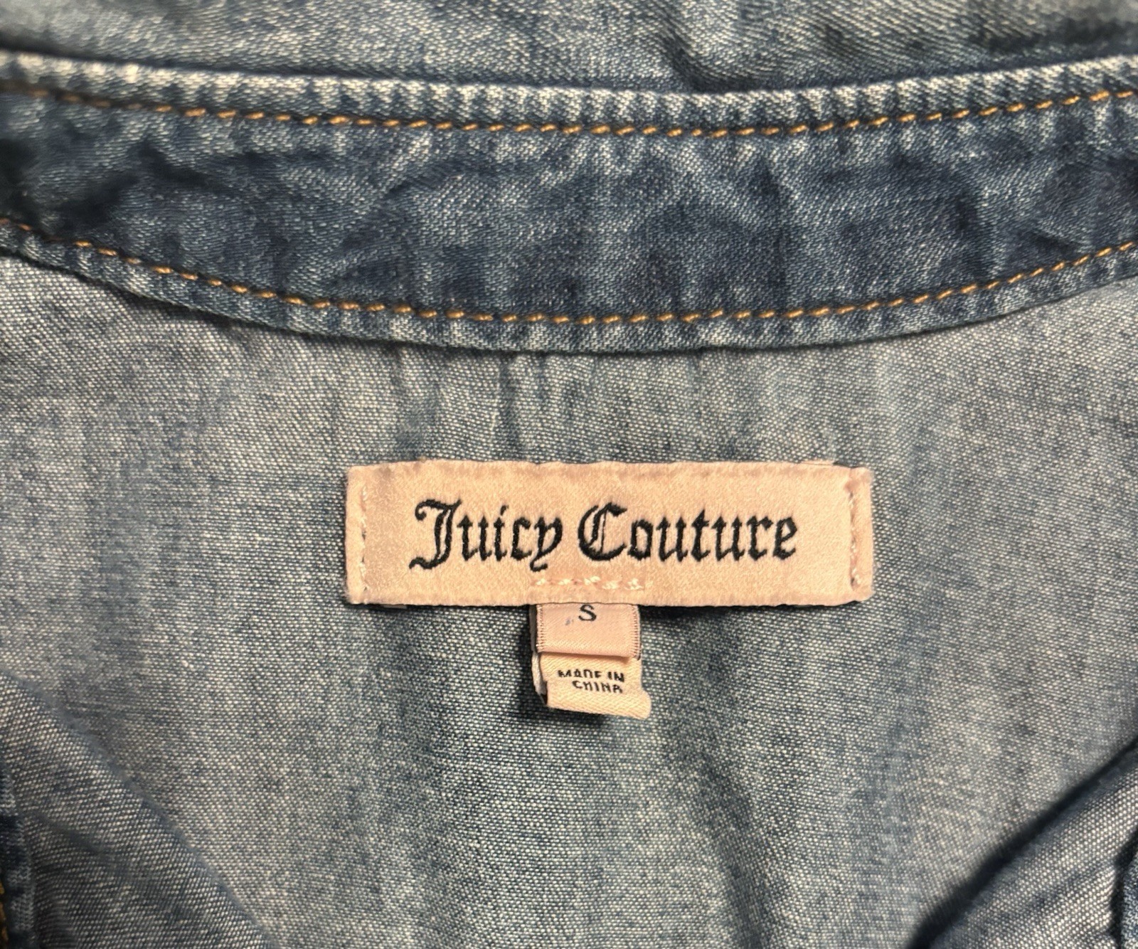 Juicy Couture Blue Solid Denim Button-Up Shirt, Collared Long Sleeve Women’s S