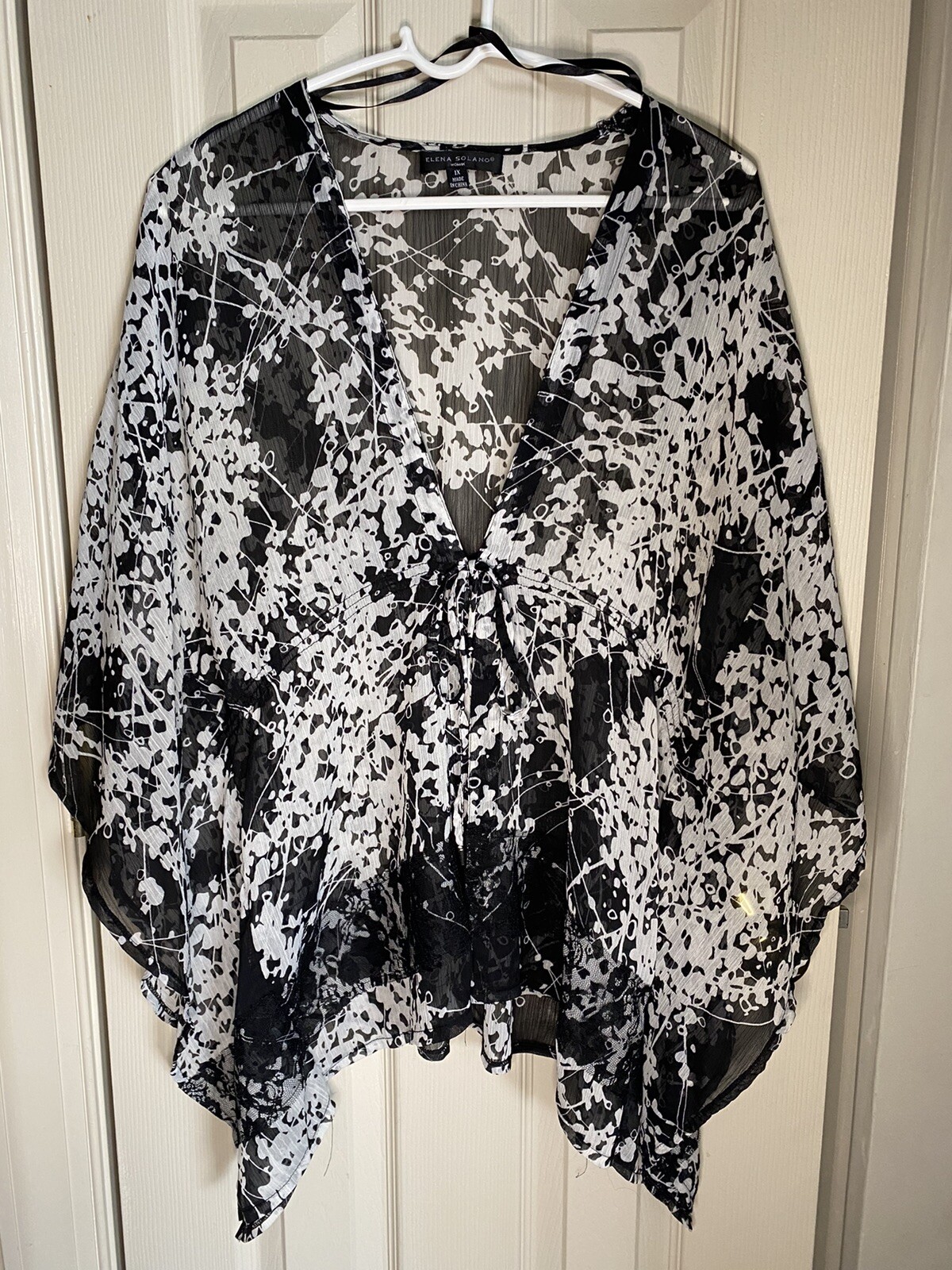 Elena Solano Shear Blouse/cover up Black White 1X
