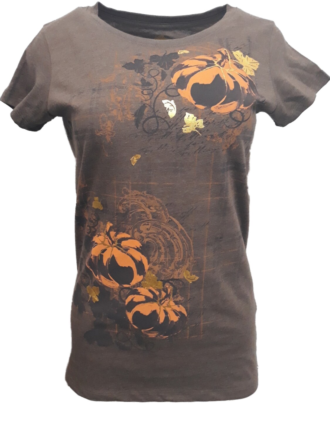 Womens Brown Fall Autumn Pumpkin Plaid Gold Leaf Halloween T-Shirt