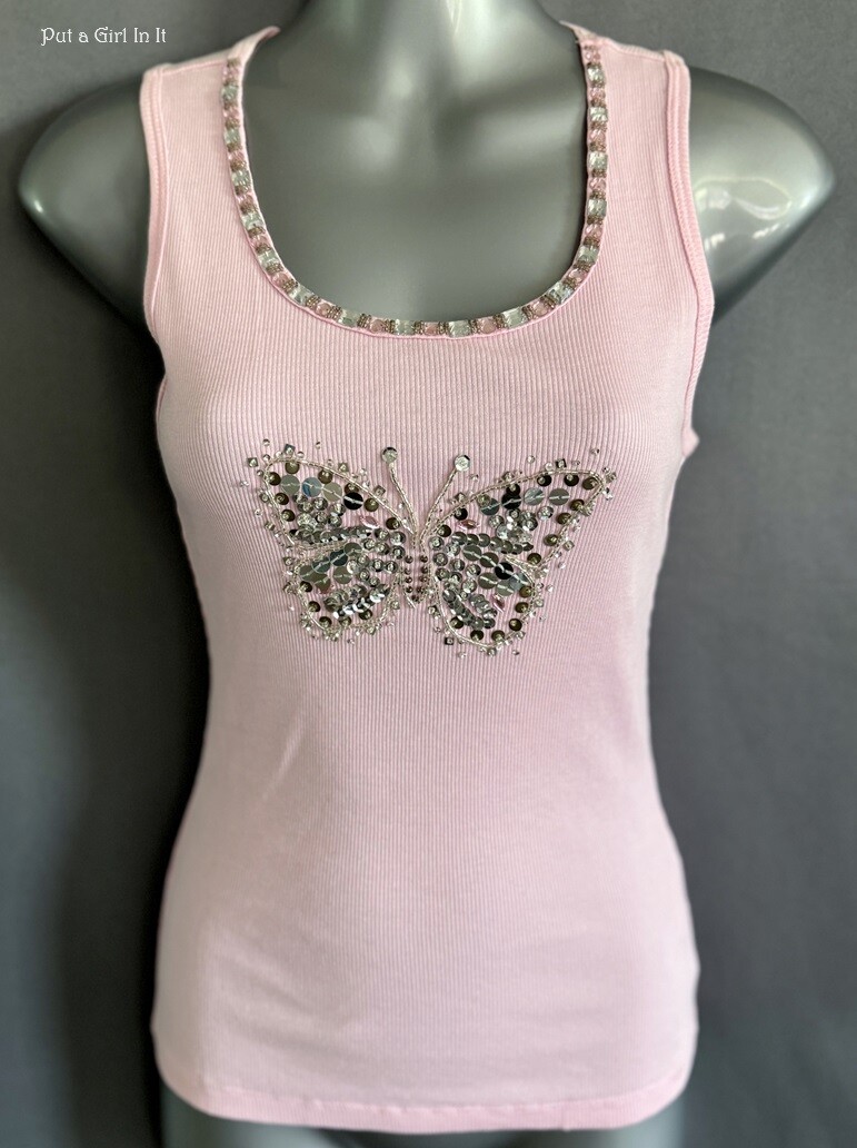 New VOCAL Womens SEQUIN BEADED BABY PINK HEART BUTTERFLY TANK TOP SHIRT S