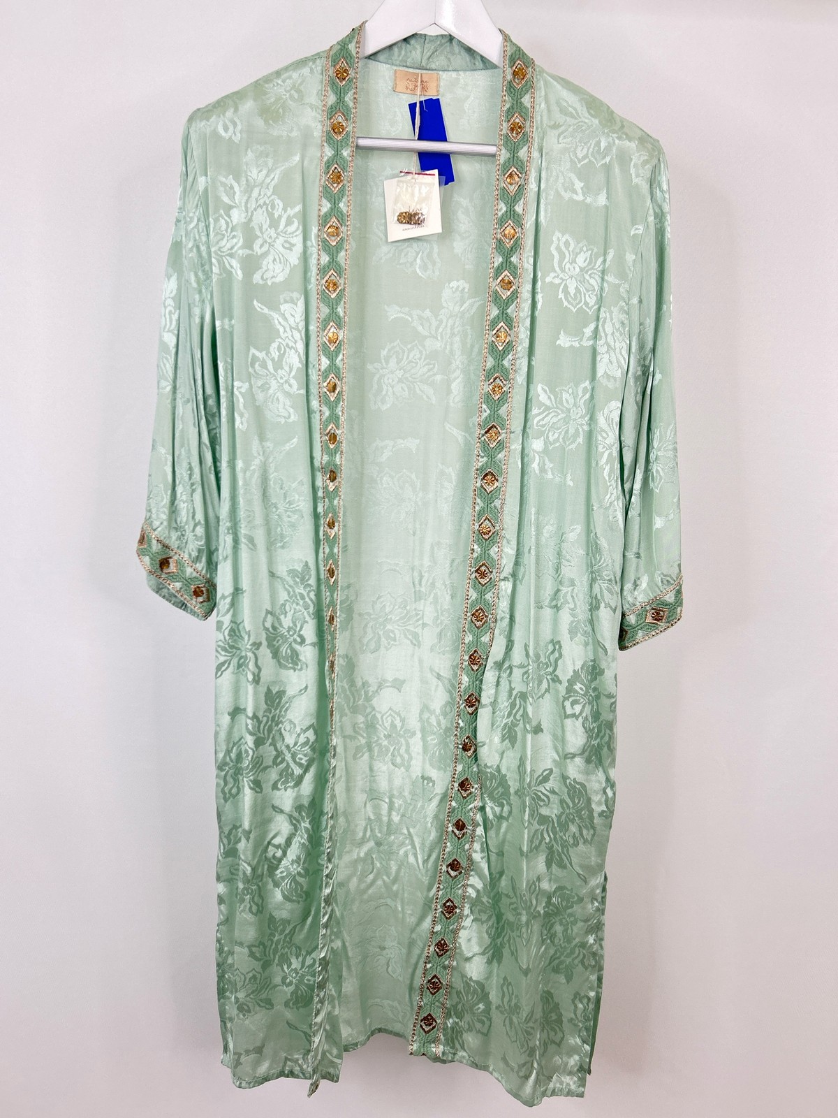 NEKANE NKN NWT Boho Duster Size S Embroidered Floral Light Green Women Kimono